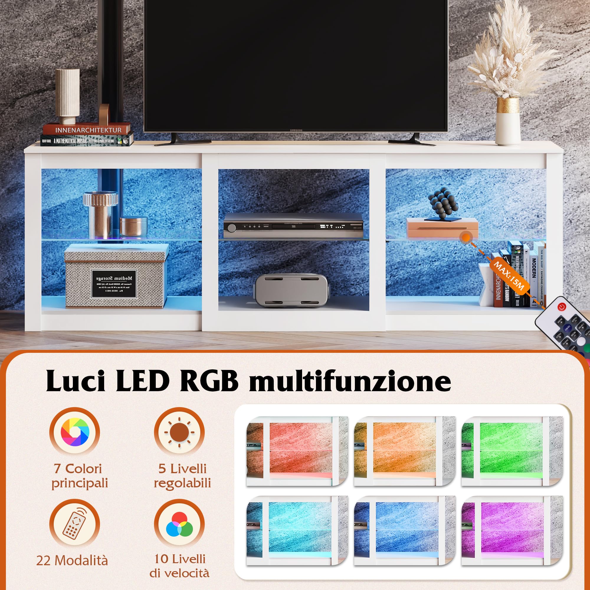 WLIVE Mobile TV LED 166 cm, Lowboard Bianco con Illuminazione a 22 Modalità e Scomparti Aperti, Porta TV per Televisori fino a 75 Pollici, Mobiletto con Ripiani in Vetro Regolabili per Soggiorno