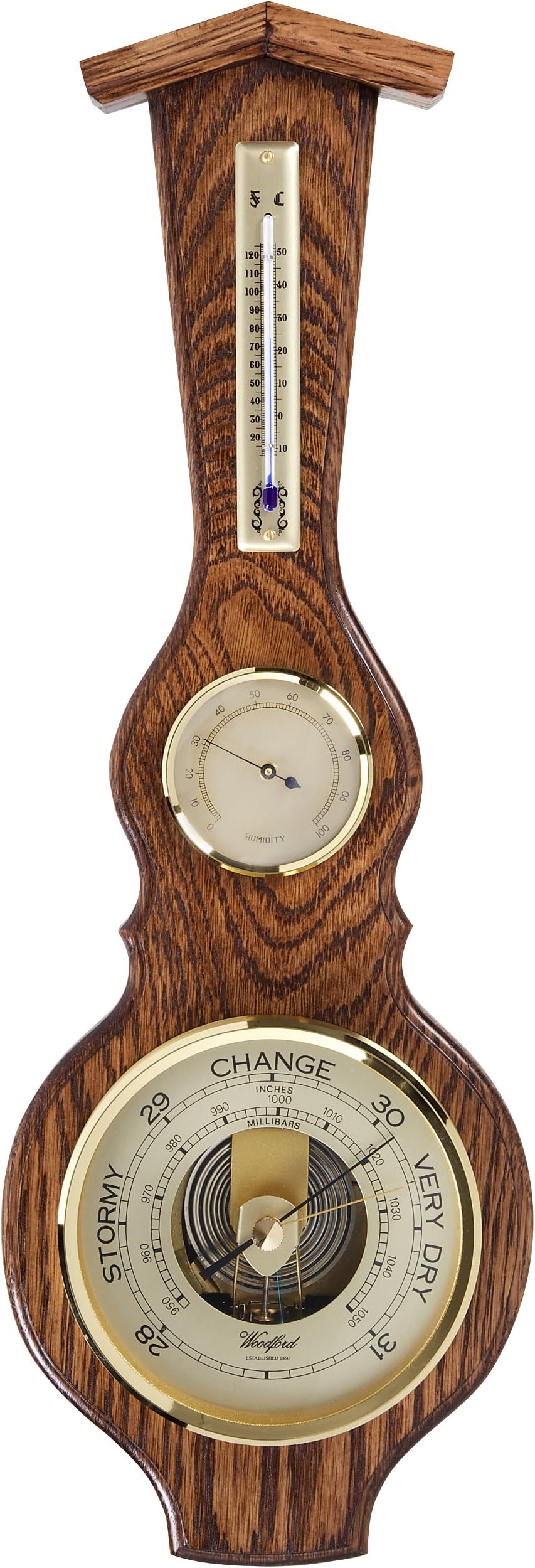 Wooden Wall Barometer in Solid Oak with Thermometer & Hygrometer with gift booklet on its use.