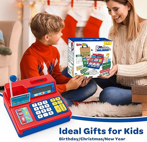 Miniatura 7 de Calculadora de caja registradora de juguete de regalo para niños de 3, 4, 5, 6, 7, 8+ años, juego de 120 piezas de tienda de comestibles con