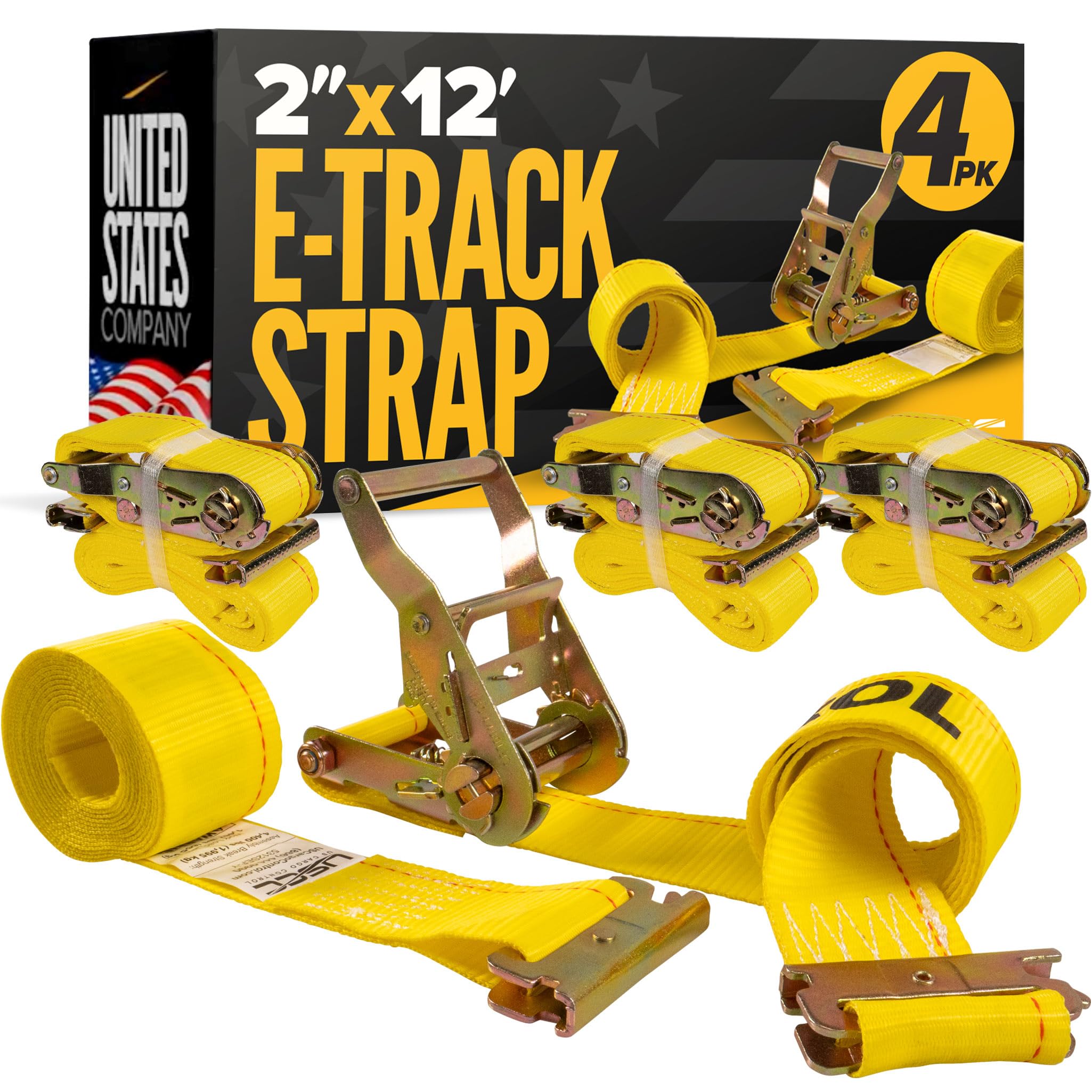 US Cargo Control E-Track Ratchet Straps (4-Pack), 4,400 LBS Break Strength, 2 Inch x 12 Foot Heavy Duty Yellow ETrack Straps with 4 Foot Fixed End and Spring E-Fittings, Logistic Tiedowns