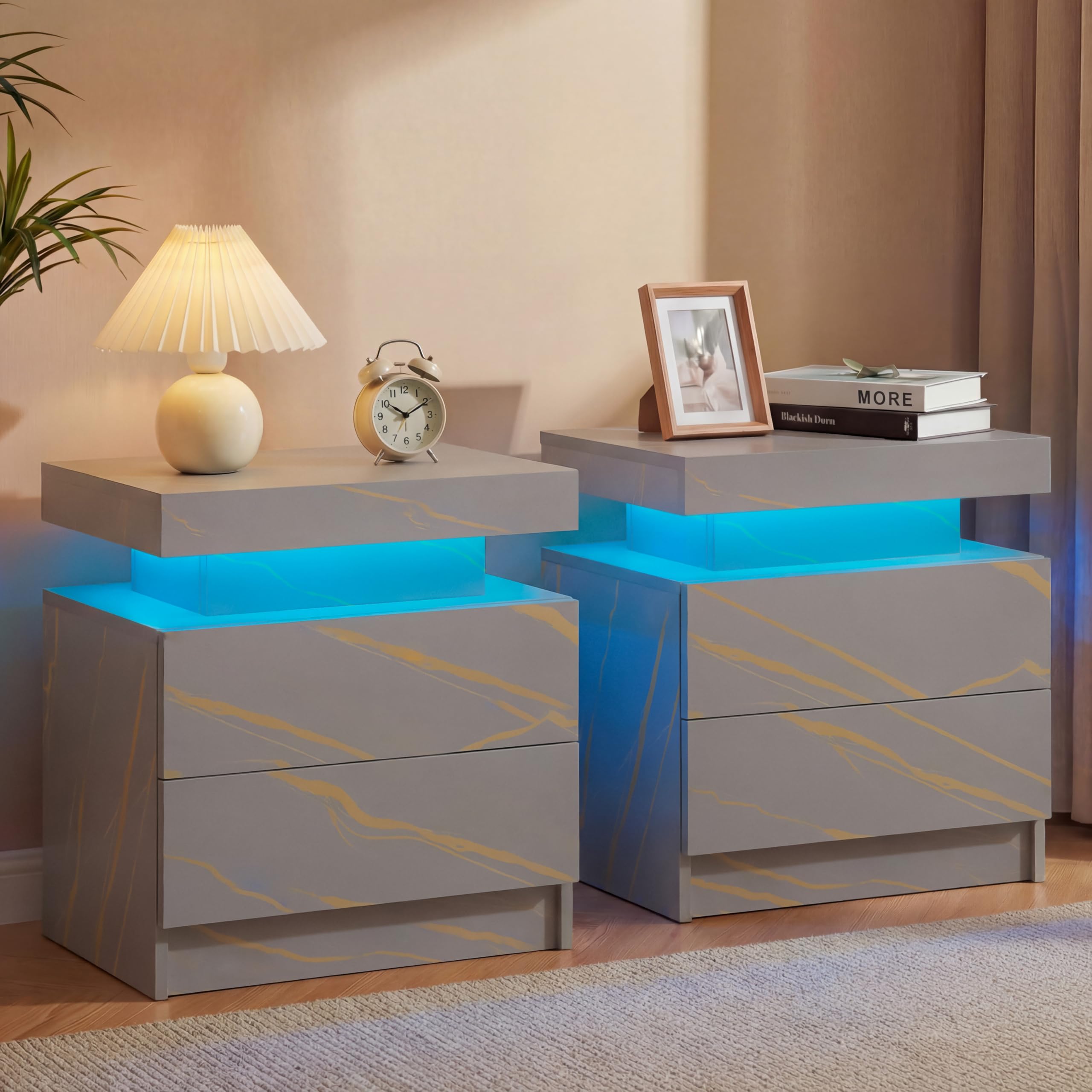 Cubehom Nachttisch mit LED Beleuchtung und 2 Schubladen – Moderner Nachtschrank/Beistelltisch für Schlafzimmer & Wohnzimmer, Hochglanz, 49×35×52 cm