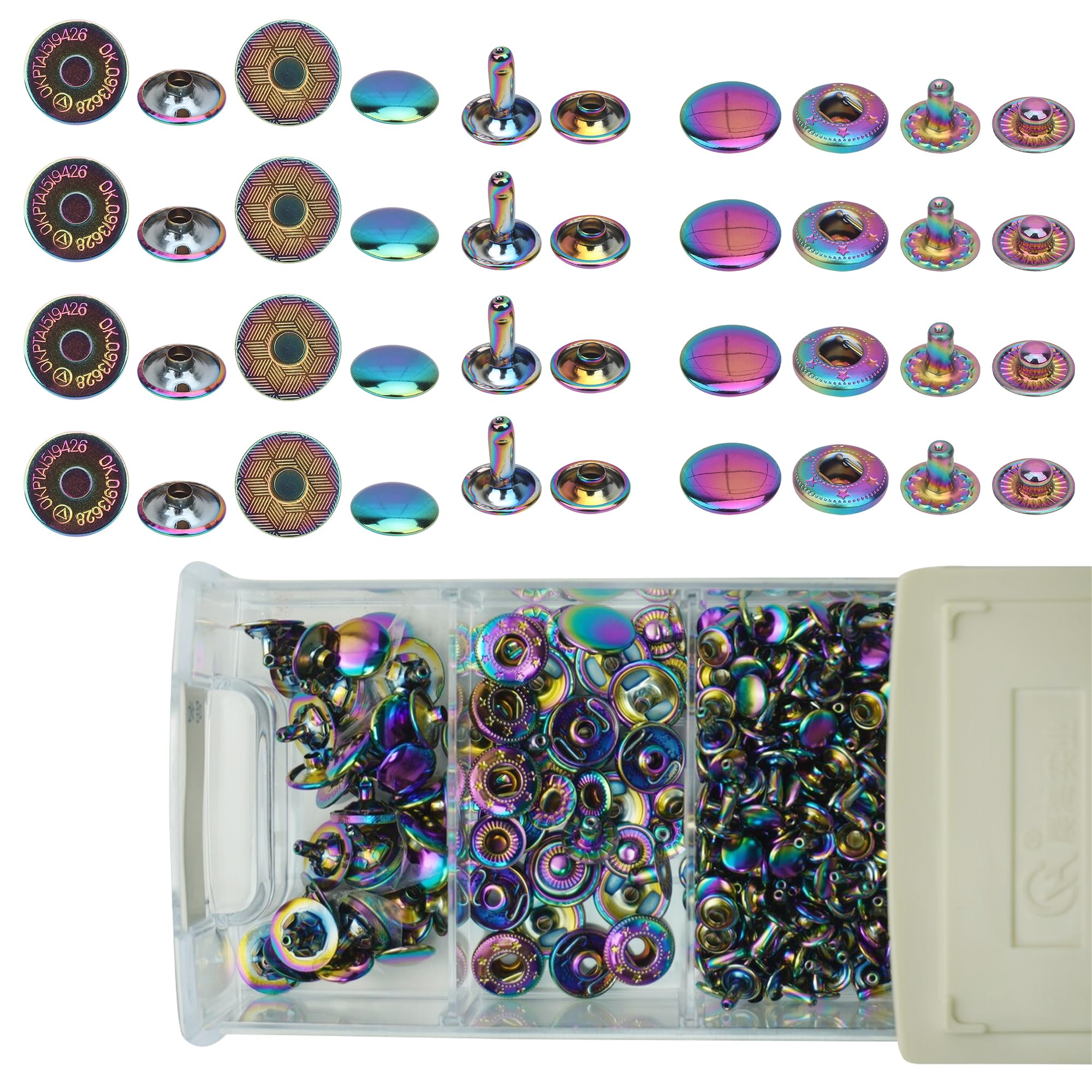 Trimming Shop Kit de cierre de arco iris – Remaches de doble tapa de 8 mm + botones de presión de resorte en S de 15 mm + broches magnéticos de 14 mm y caja de almacenamiento apilable para reparación