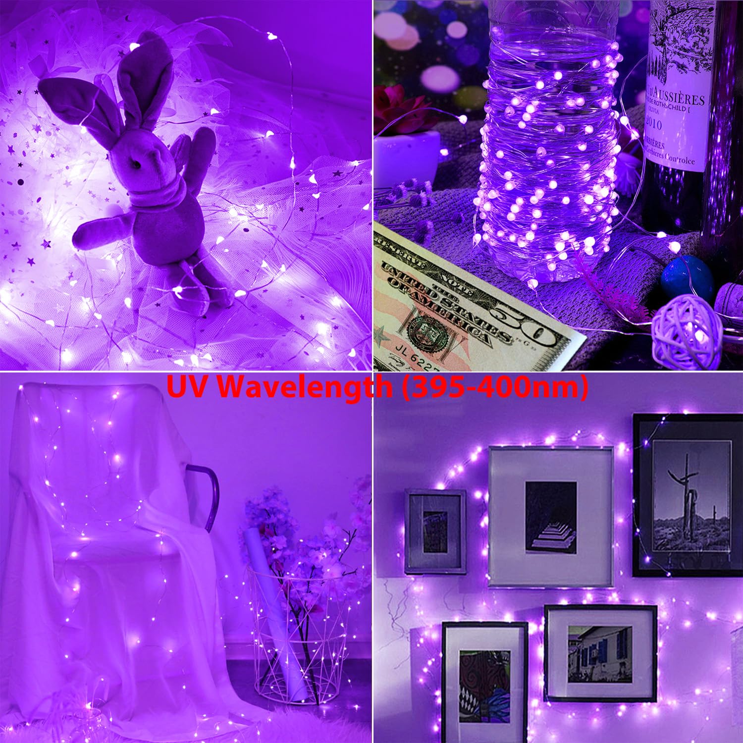 OMIKA Luces LED negras UV que funcionan con pilas, 5 m, 50 unidades, 2835 LED, 8 modos, luz negra flexible, cadena de luces con control remoto para fiesta fluorescente, pintura corporal, decoración de