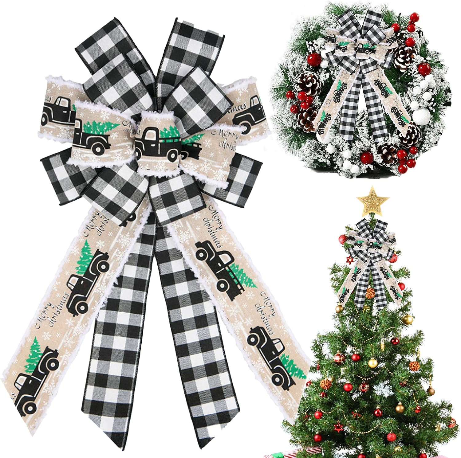 Large Christmas Bow for Wreath - Vintage Black Ribbon Tree Topper - Golden Edged Black Velvet Bows for Indoor Outdoor Xmas Party Decoration, Home Ornament Supplies image 5