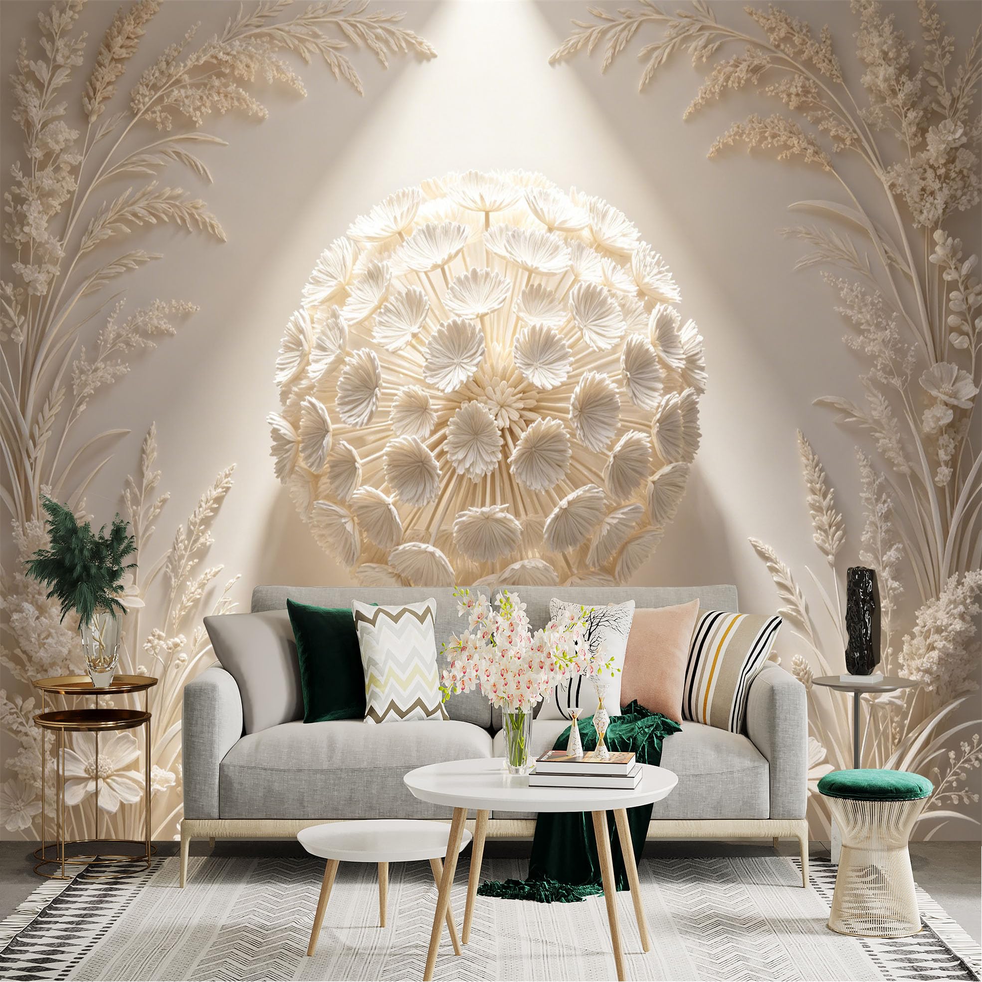 Lnzczhyre Dbh260521508 Custom Size Wall Sticker Mural， Elegant White Dandelion， Minimalist Floral Pattern， Soft Botanical Art， Textured Bloom Illustration， For Wall Decoration， Peelandstick Wall Decals.