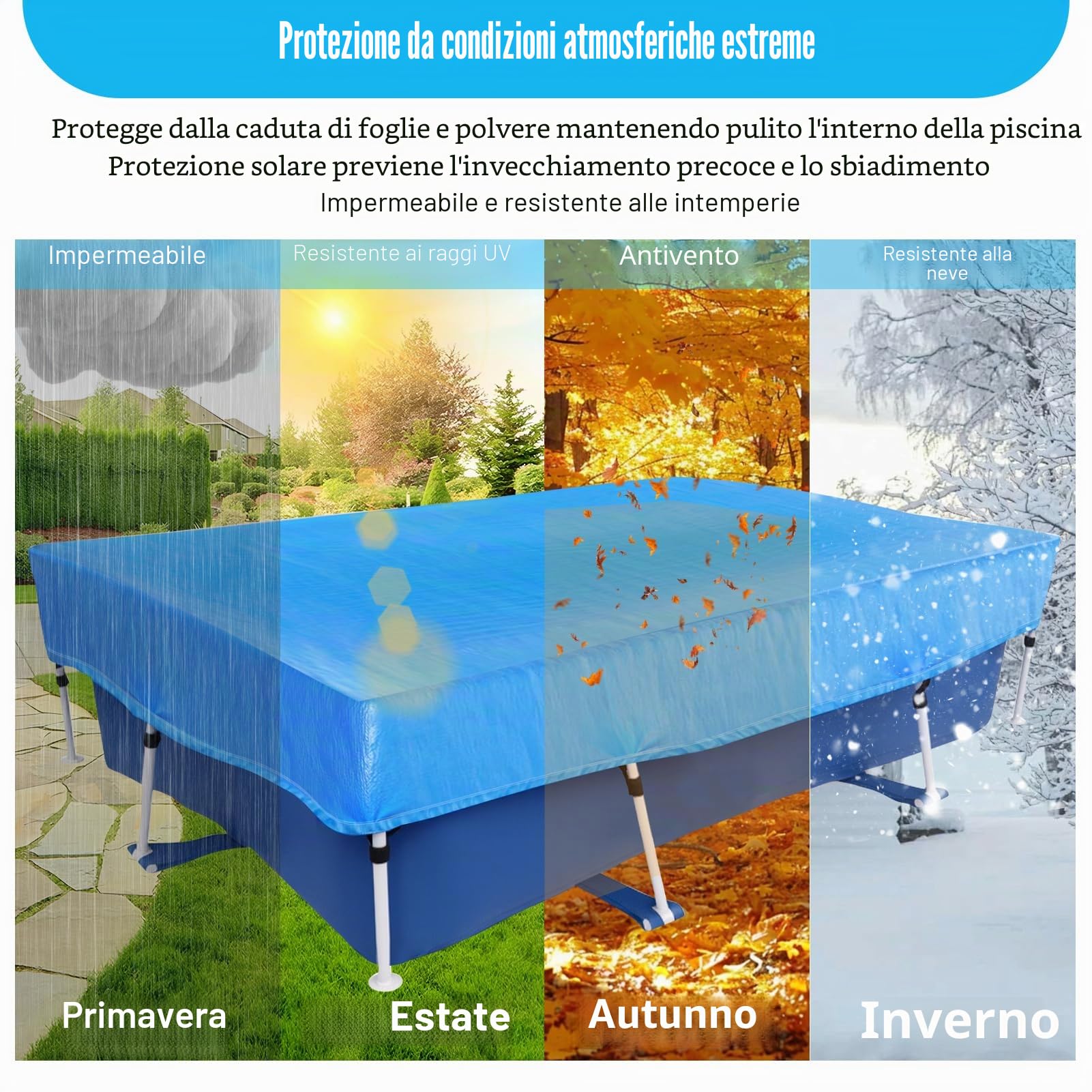 Telone per piscina rettangolare, 450 x 220 cm, rettangolare, spesso e resistente, per piscina con telaio rettangolare, antivento