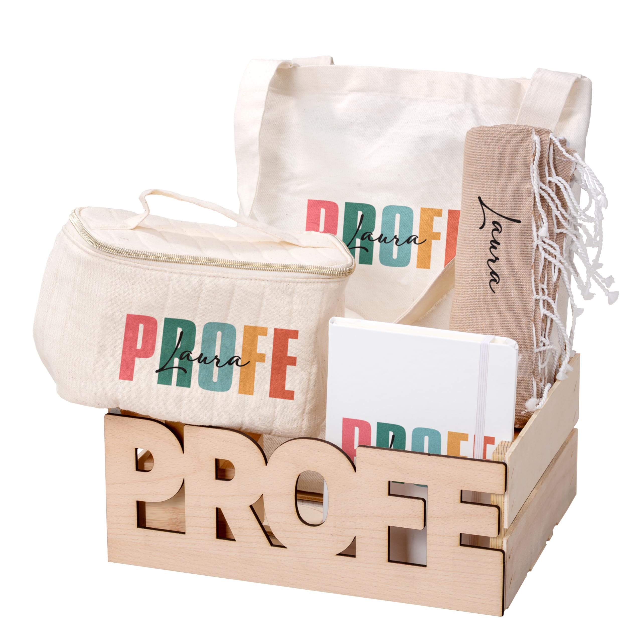 Caja Premium Personalizada Profesores, Profe colorines | Regalo Fin de Curso, Incluye Tote Bag, Incluye Toalla, Incluye Libreta, Incluye Neceser