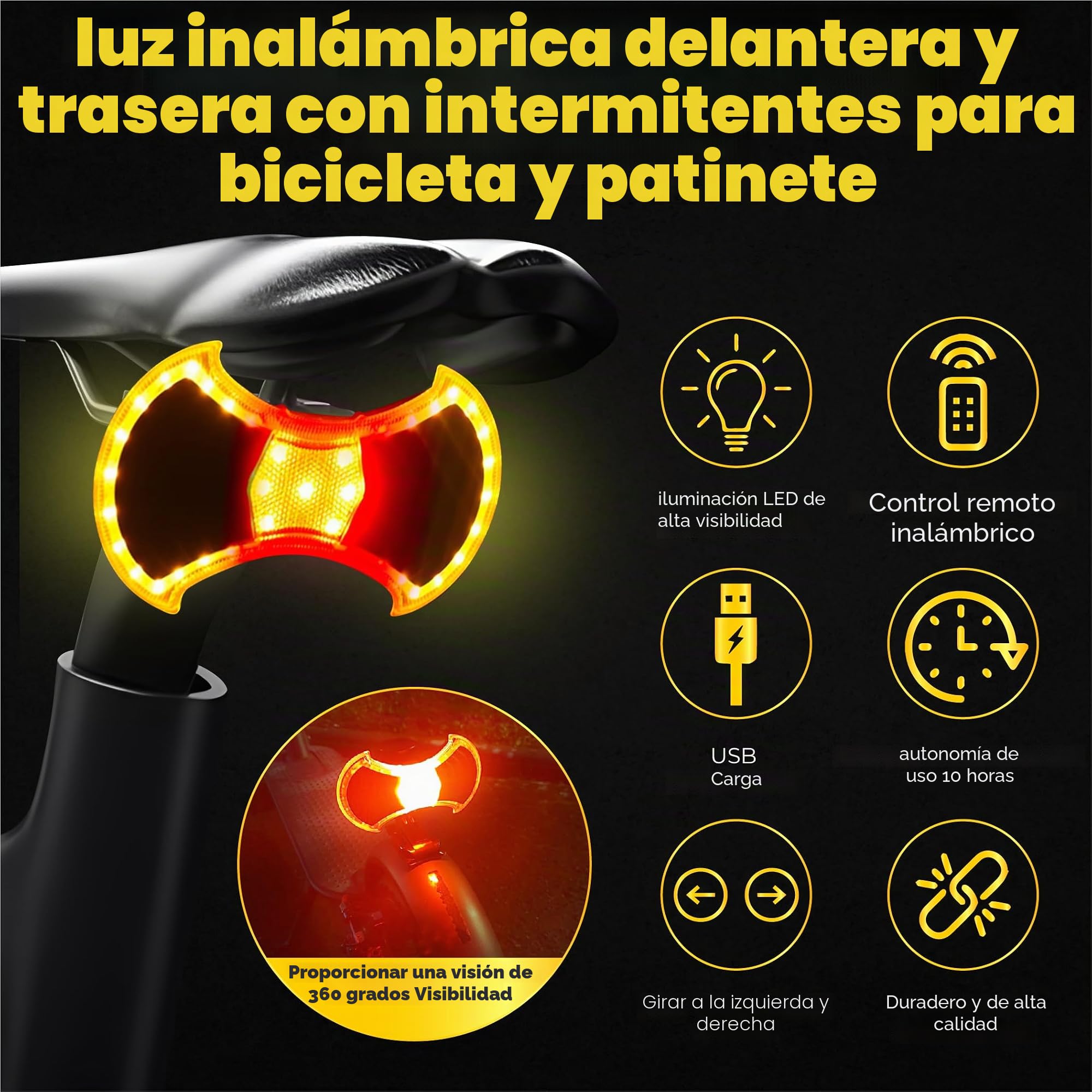 Luces delanteras y traseras con señales de giro para bicicleta y scooter: accesorios y montaje universal para scooter incluidos, control remoto inalámbrico, luz LED recargable por USB