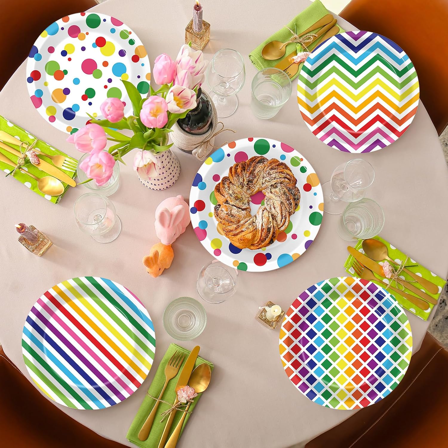 Naozinebi 60Pcs Rainbow Paper Plates Colorful Party Supplies 7" Disposable Dinnerware Rainbow Pride Tableware Polka Dot Stripes Printed for Birthday Picnic Pride Month Gay LGBT LGBTQ Supplies