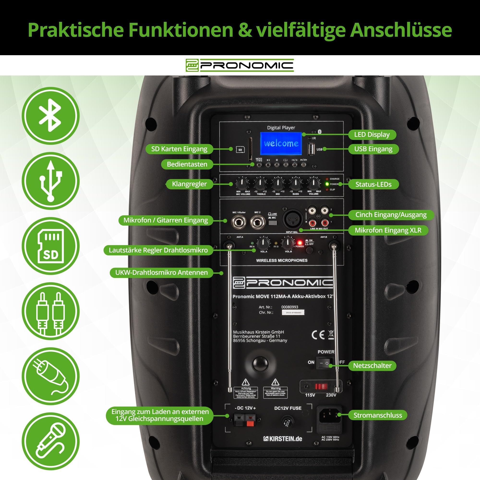 Pronomic Move 12" Partybox 2X Set - Mobile PA-Anlage Bluetooth Lautsprecher TWS - Musikbox mit leistungsstarkem Akku - Leistung 30W (RMS) - Inkl. Aktivbox, Funkmikrofon, Headset & Fernbedienung