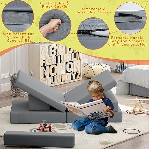 Miniatura 7 de SENSWEET Sofá infantil de 8 piezas, sofá Nugget para niños para sala de juegos, dormitorio, sofá multifuncional para niños pequeños para interiores