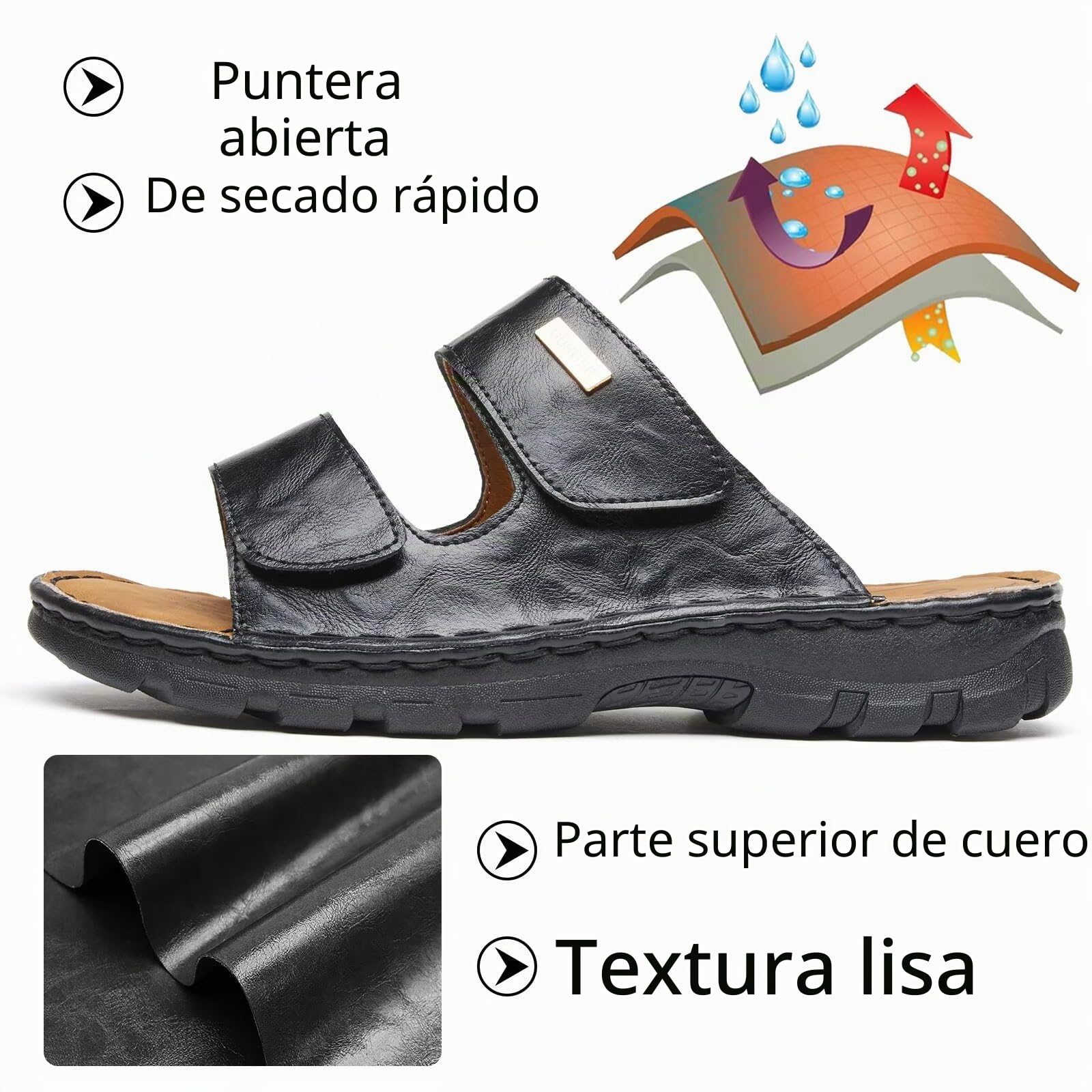 Sandalias Hombre de Piel con Doble Ajuste, Chanclas Hombre Cómodas y Transpirables, Mules de Verano Antideslizantes para Playa, Casa, Paseo y Vacaciones