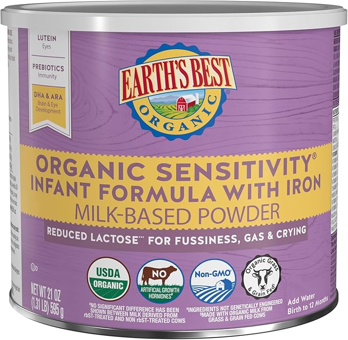 Earth's Best Organic Sensitivity Infant Formula for Babies 0-12 Months, Reduced Lactose Powder Formula with Iron, Omega-3 DHA, and Omega-6 ARA, 21 Ounce Container