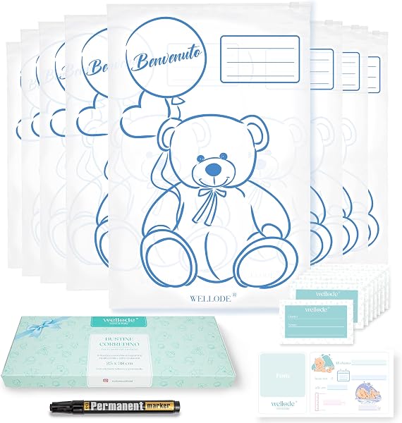Wellode® 8 Bustine Corredino Neonato Ospedale Teddy Bear con Pennarello - Sacchetti Cambio Neonato Riutilizzabili per Asilo e Viaggi - Idea Regalo Nascita Baby Shower e Lista Nascita Bebè - 1