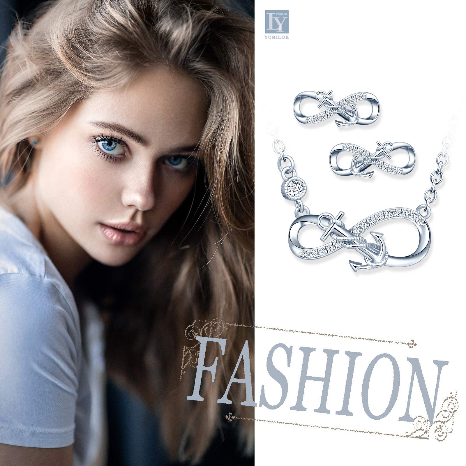 Yumilok - Conjunto de joyas para collar y pendientes, colgante y pendientes de ancla y símbolo de infinito de plata 925, joyas para mujer y niña, circonita incrustada