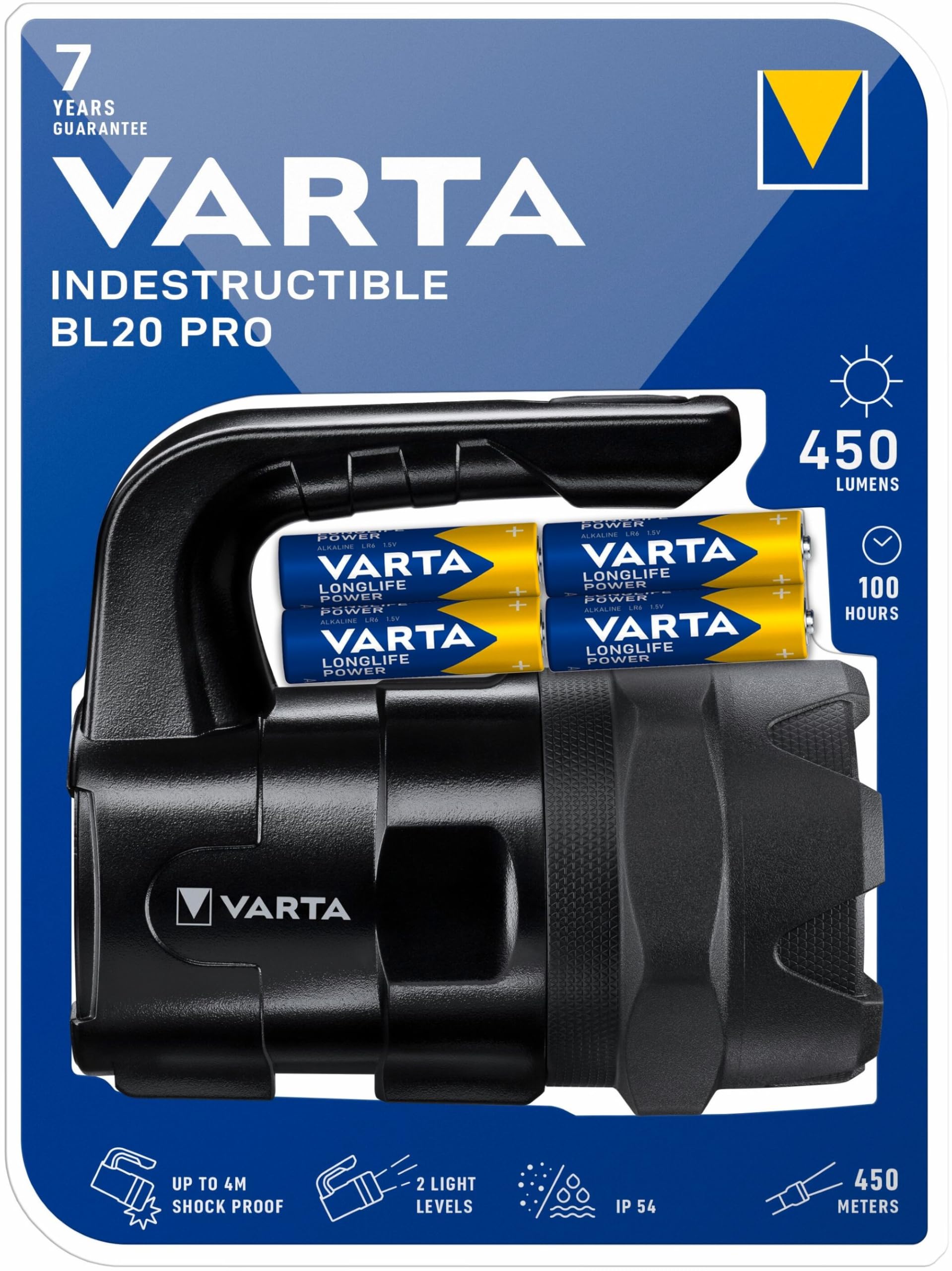 VARTA Lampe de Travail LED incl. 6x piles AA, Indestructible BL20 Pro, lumière de chantier, 2 modes d'éclairage, torche d'atelier robuste, absorbe les chocs, résistante aux éclaboussures & poussière
