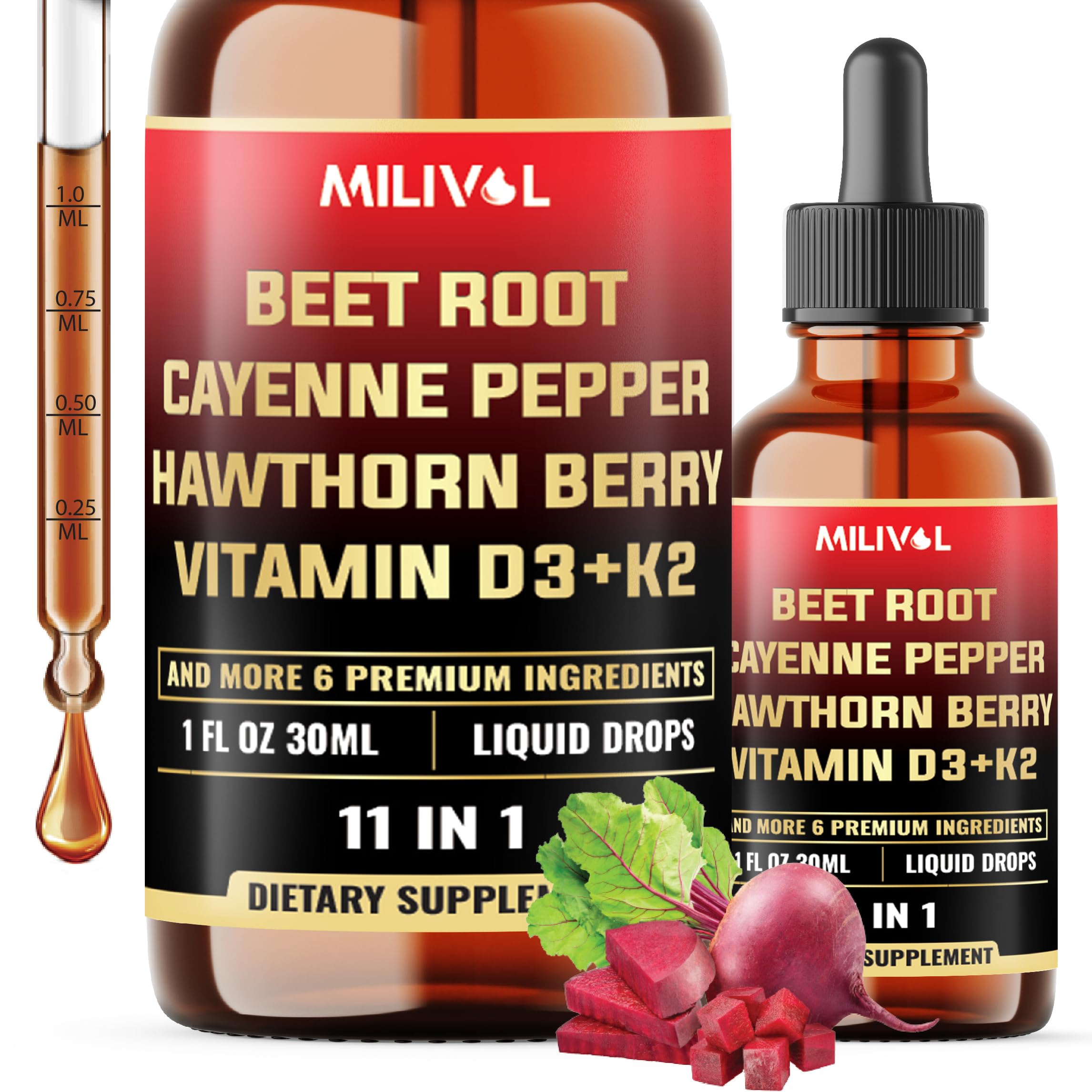 11in1 Beet Root Liquid Drops with Vitamin D3, Vitamin K2, Hawthorn Berry, Cayenne Pepper, Garlic, Hibiscus, Olive, Red Spinach, Green Tea, Ginseng - Digestion Support - 1 Fl Oz - 60 Day Supply