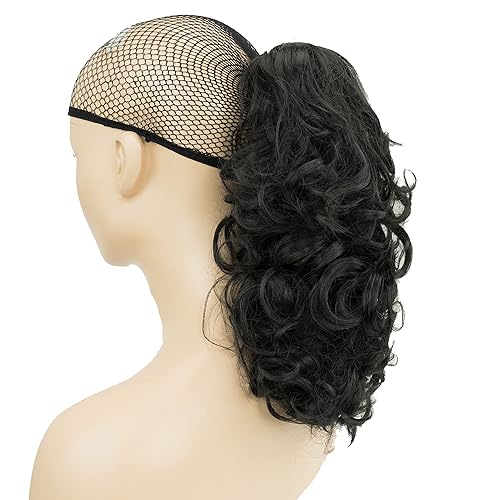 Miniatura 3 de IMISSU Extensiones de cabello rizado desordenado, cola de caballo corta, extensiones de cola de caballo con clip (negro)