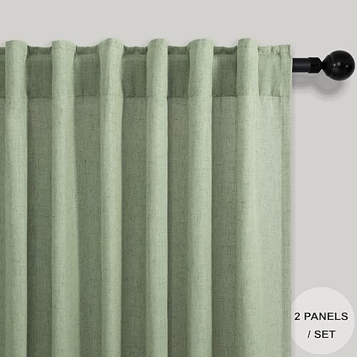 Miniatura 2 de Cortinas de cocina de lino verde salvia para ventana pequeña de 36 pulgadas de largo, 2 paneles de bolsillo con pestaña trasera, neutral, estilo