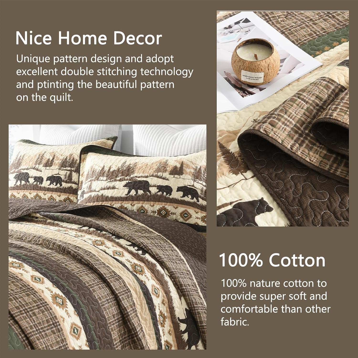 Finlonte Cabin Quilt Set King Size, 100% Cotton 3 Pieces Comforter Sets, Lodge Farmhouse Striped Quilted Bedspread Coverlet Bedding Set for All Season (98"x90")