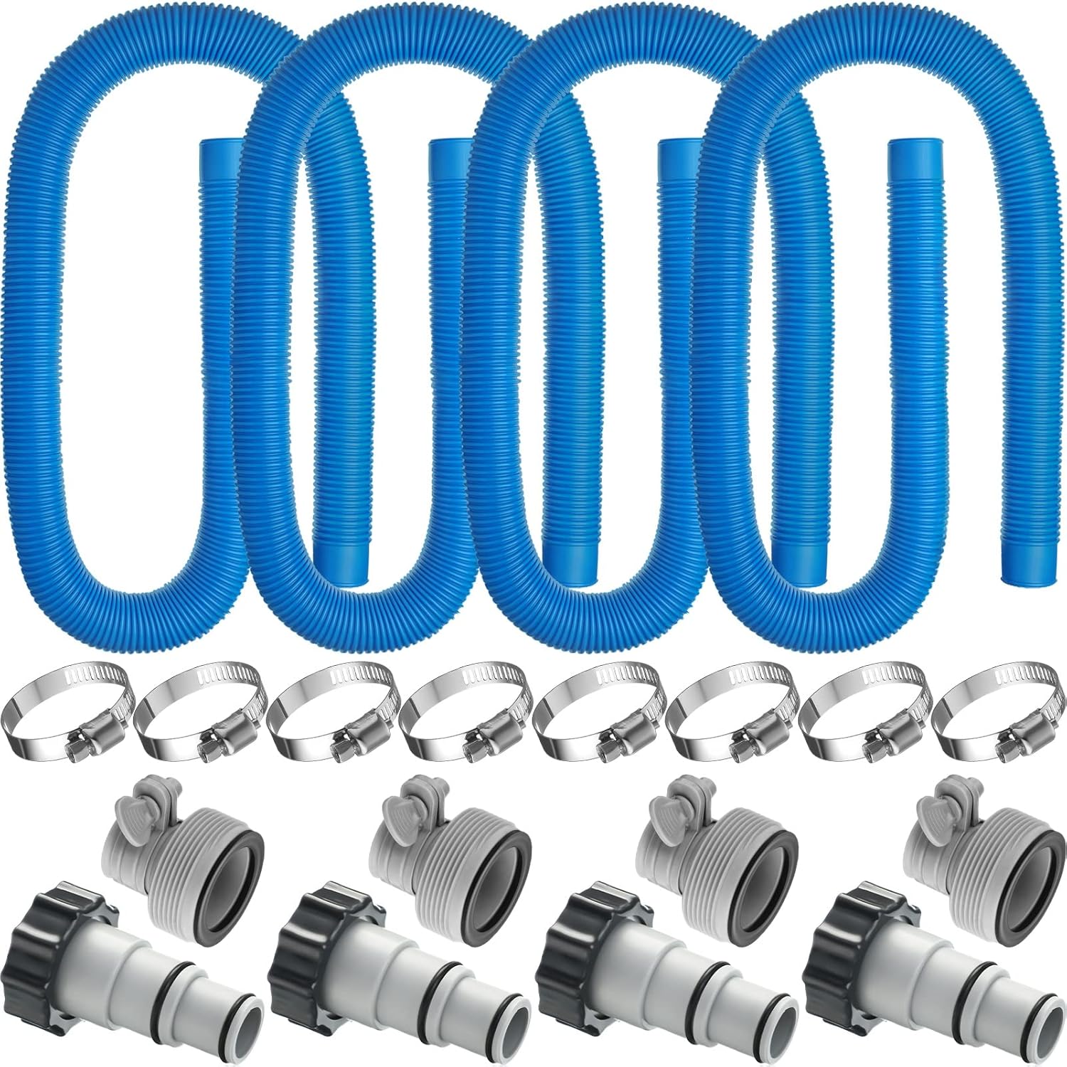 EBOOT 4 Set Pool Pump Hose for Above Ground, 1.5 Inch x 59" Replacement Filter Hose with 8 Clamps and 8 Adapters for Swimming Pool Compatible Accessories(Blue)