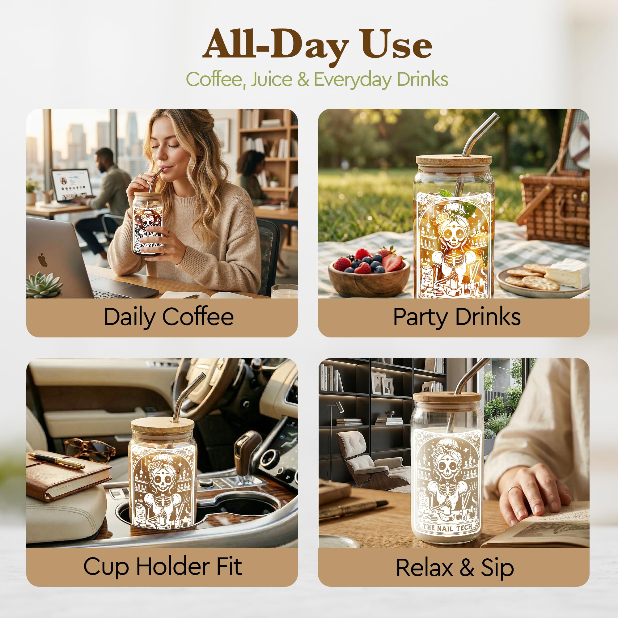 Nail Tech Gift for Women,Cool Gothic Skeleton Nail Artist Tumbler,16 oz Coffee Glass Cup with Lid and Straw, Funny Manicurist Gift for Nail Technician, Includes Cleaning Brush