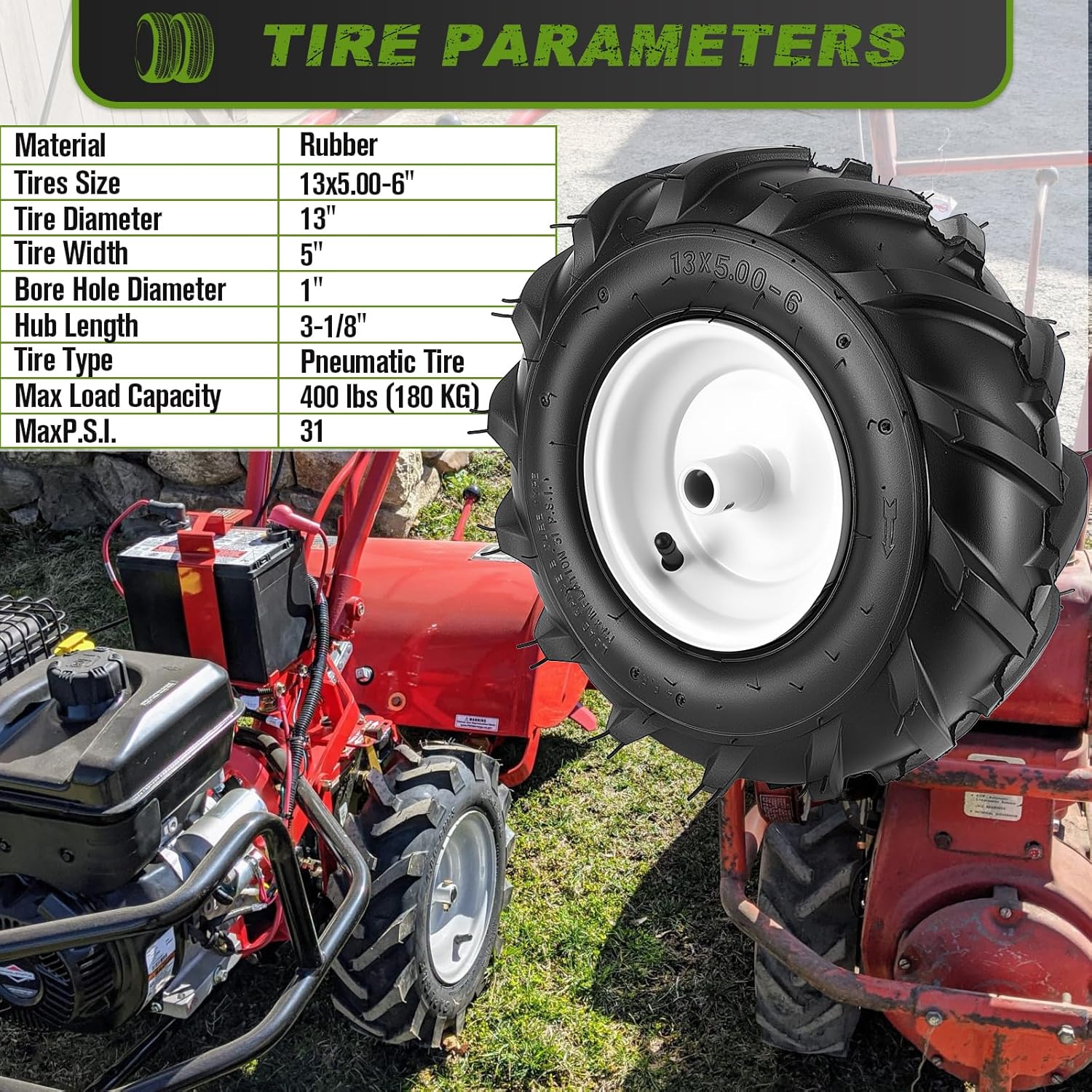 13x5.00-6" Tiller Tire and Wheel, 1" Axle Size 13x5.00-6 Tiller Tires Compatible with Troy-Bilt, Tractor, Trencher, Tillers Replacement Tire, 3-1/8" Centered Hub 4Ply Pneumatic Rubber Tires