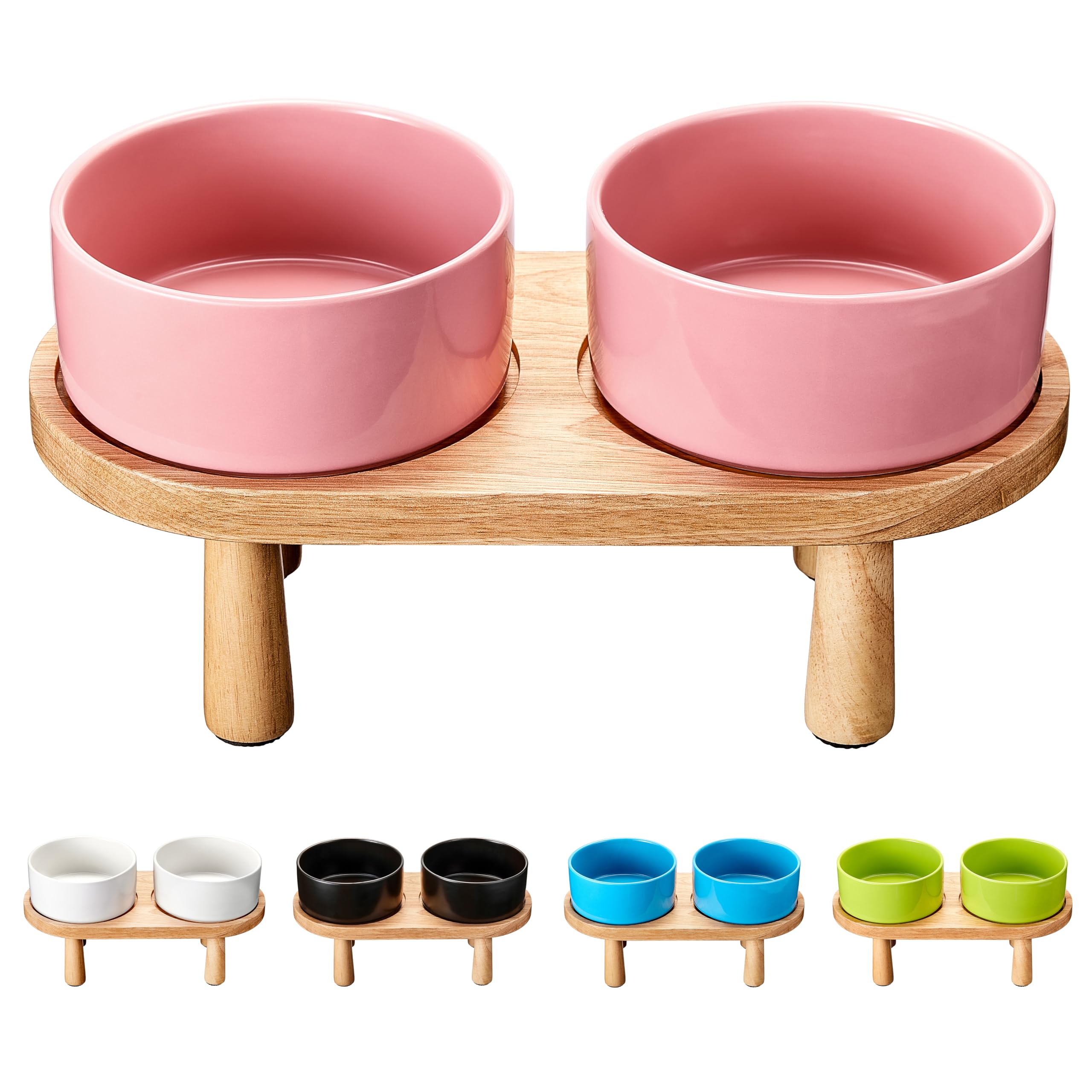 MOPANG Ceramic Elevated Dog Bowls, Pet Food and Water Bowl Set for Medium and Small Dogs, 3.5 Cups Dog Bowls Raised with Wood Stand, 29OZ, Pink