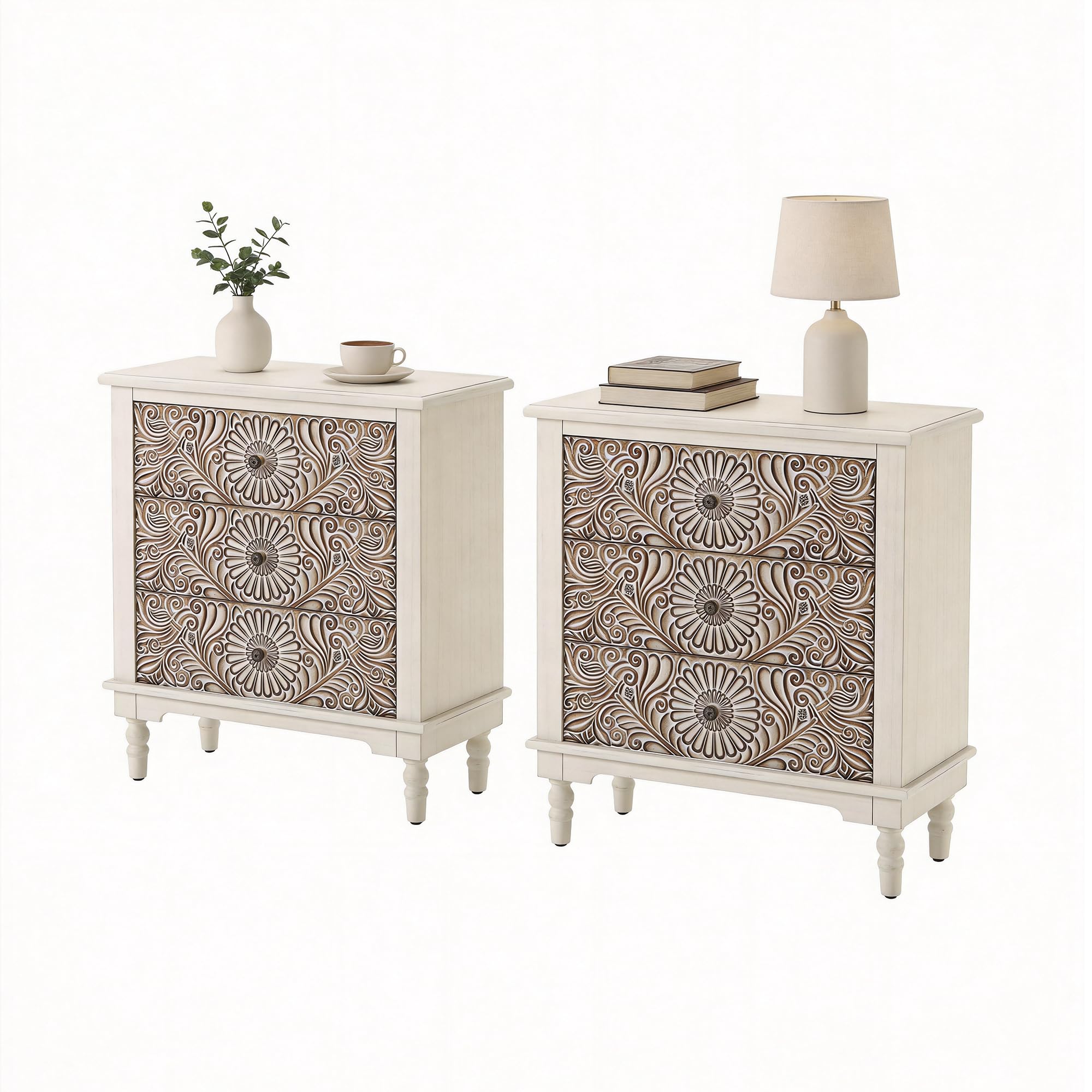 HOMPUS Nightstands Set of 2, White Nightstand with 3 Storage Drawers, Night Stand w Flower Pattern, Bedside Table Set of 2, Accent Table for Bedroom, Apartment, Light Grey Grain
