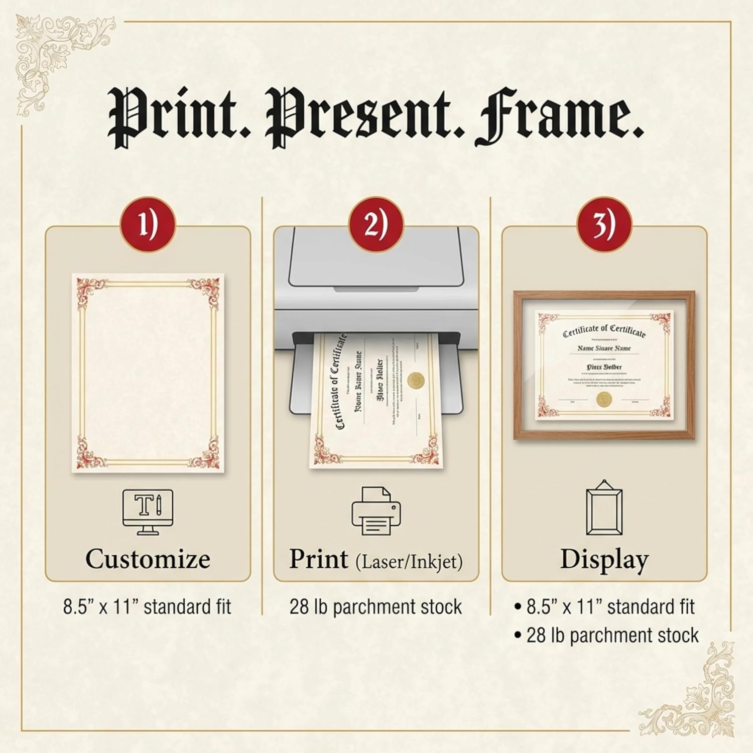 PaperDirect Renaissance Certificates,100 Sheets of 28lb White Paper, 8½" x 11", Red and Gold Filigree Accents Border, Perfect for Awards, Students, Employees, Volunteers, Course Completion, Diplomas