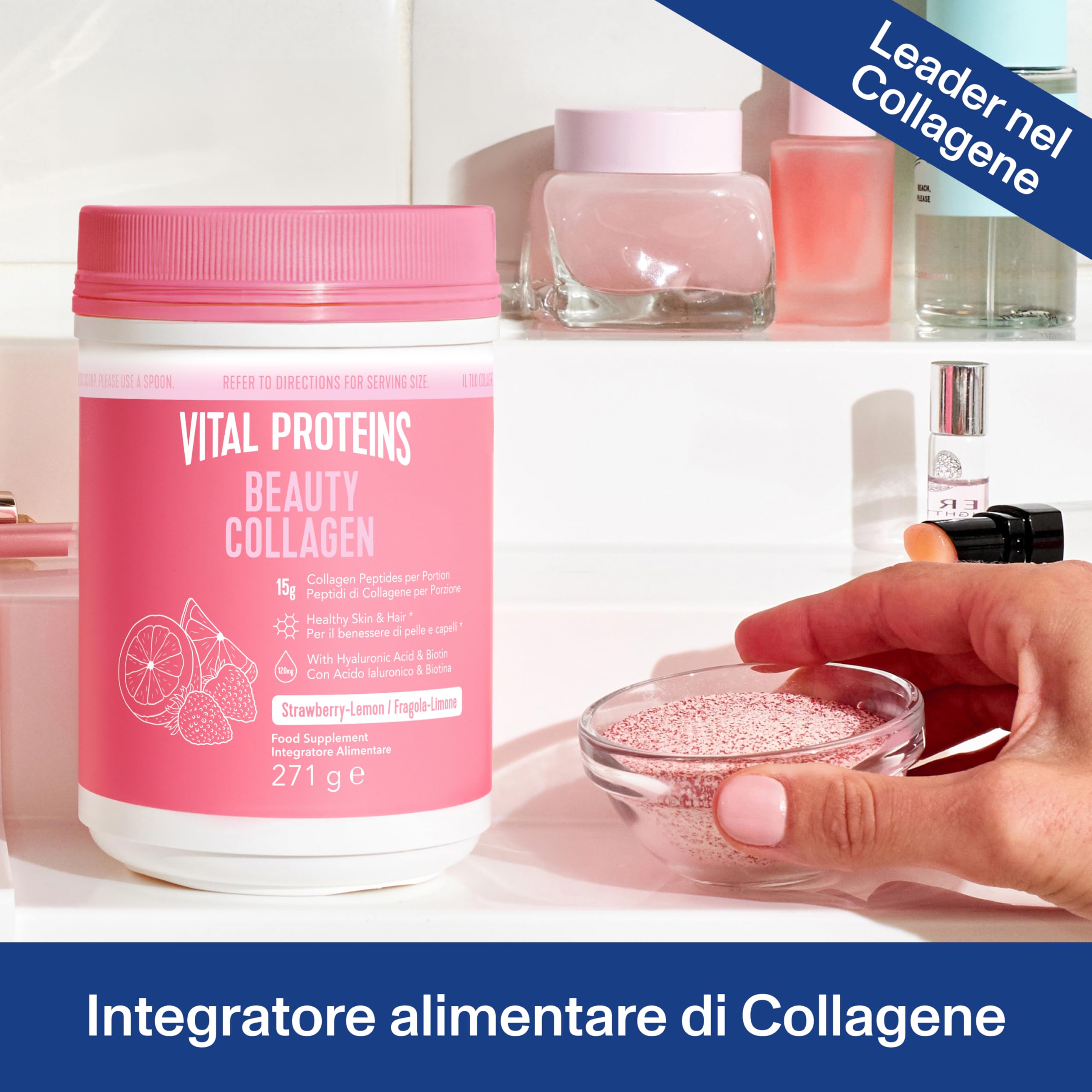 Vital Proteins Beauty Collagen con Acido Ialuronico e Biotina, integratore collagene idrolizzato in polvere, fragola limone,per pelle, capelli e unghie, 15g di peptidi di collagene per porzione, 271g