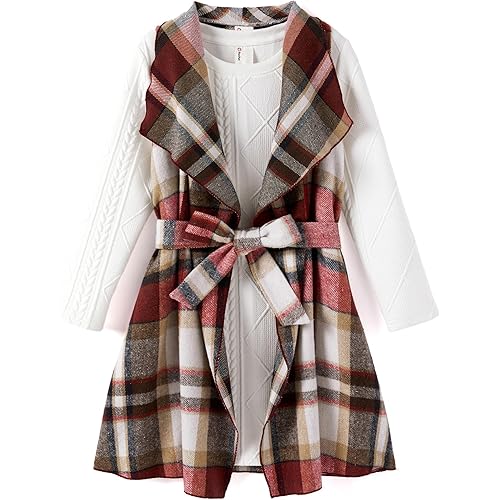PATPAT Girls Fall Cardigan Dress Set – Ribbed Long Sleeve Dress with Removable Plaid Belted Outerwear, 18M-12Y