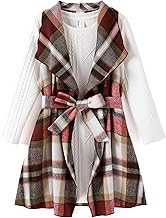 PATPAT Girls Fall Cardigan Dress Set – Ribbed Long Sleeve Dress with Removable Plaid Belted Outerwear, 18M-12Y