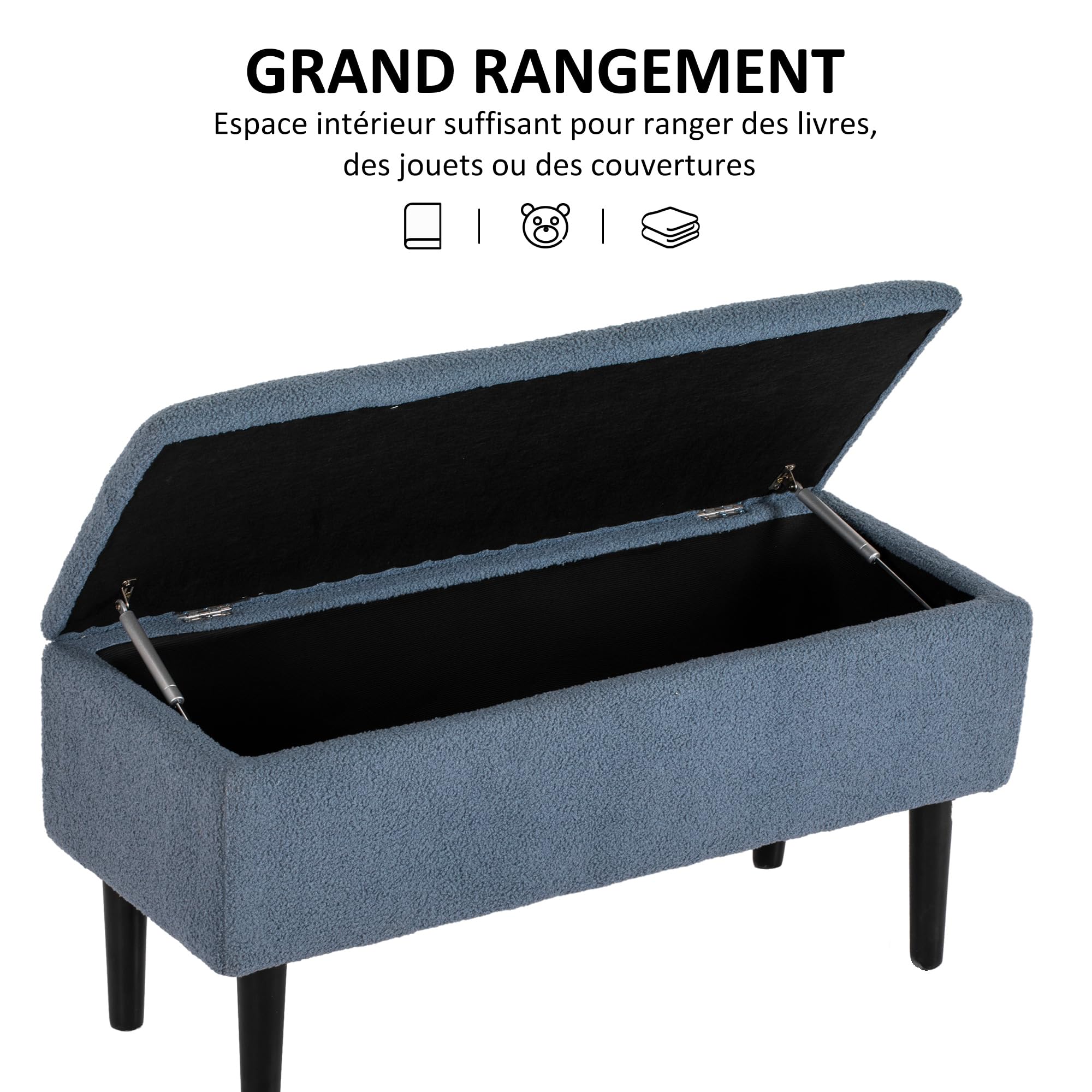HOMCOM Banc de Rangement Tabouret Repose-Pieds 95 x 38 x 45 cm Bleu | Coffre de rangement, Surface en Tissu Effet Laine Boucleé, Pieds en Bois d'Hévéa, pour Salon Chambre Entrée
