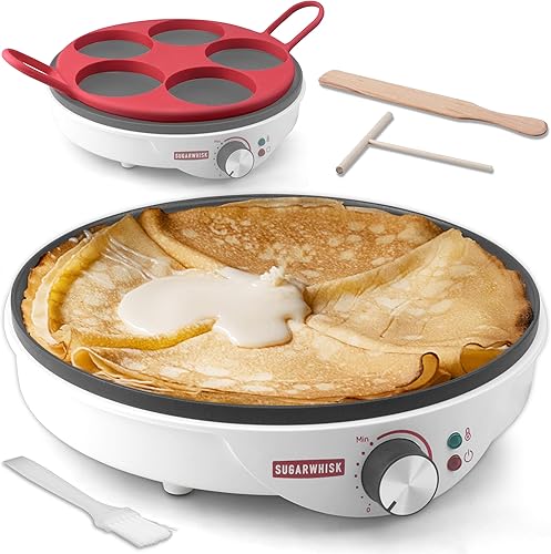 Crepe Maker Eléctrico, sartén para crepes de 12 pulgadas con moldes de silicona de 5 x 4 pulgadas, máquina para hacer panqueques y tortillas y