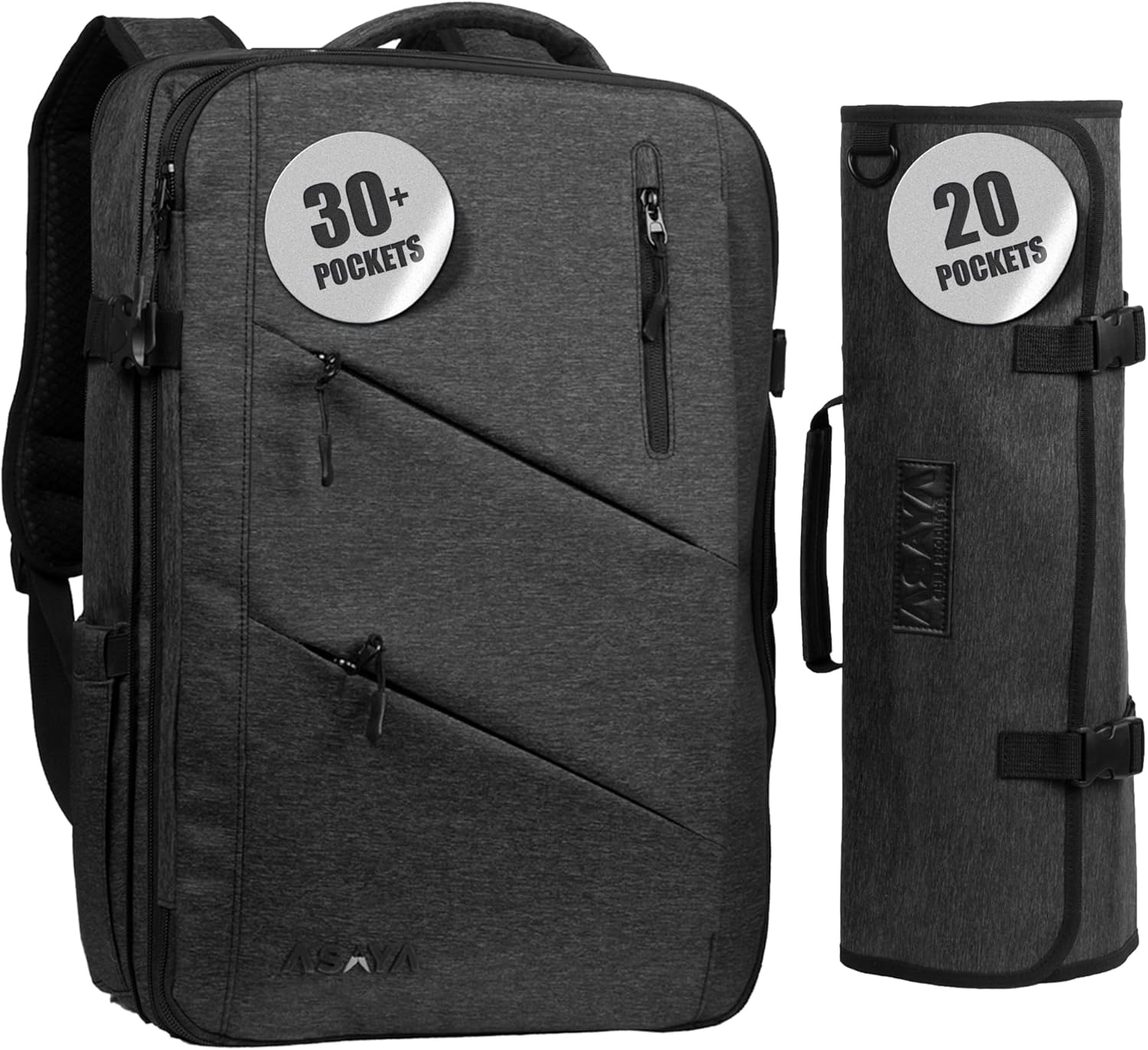 Asaya Chef Knife Backpack with 20-Pocket Knife Roll Bag - Over 30 Storage Pockets Chef Bag, Professional Backpack for Chefs and Culinary Students – Knives Not Included (Black)