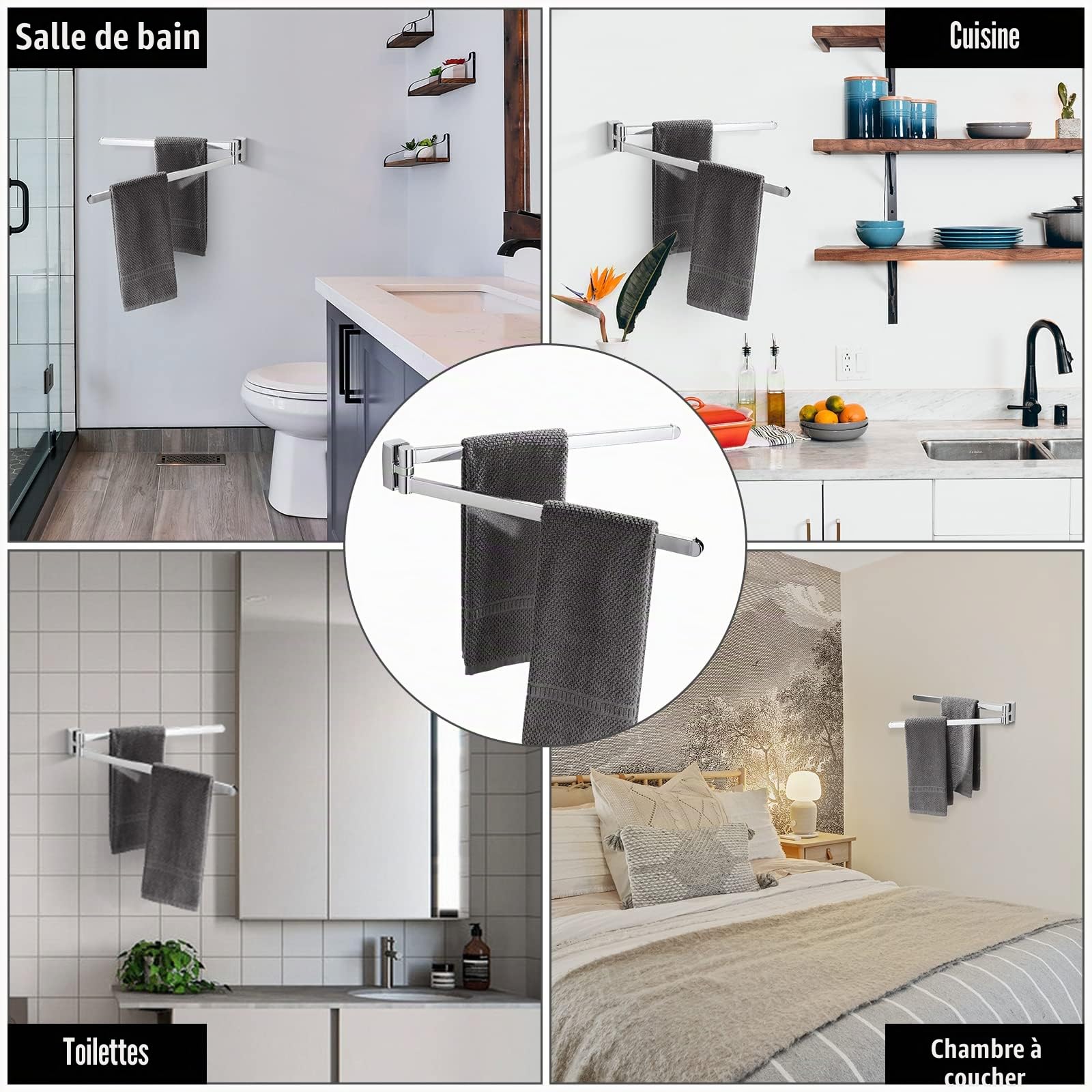 BGL Porte-Serviettes pivotant chromé en Acier Inoxydable avec 2 Barres pivotantes