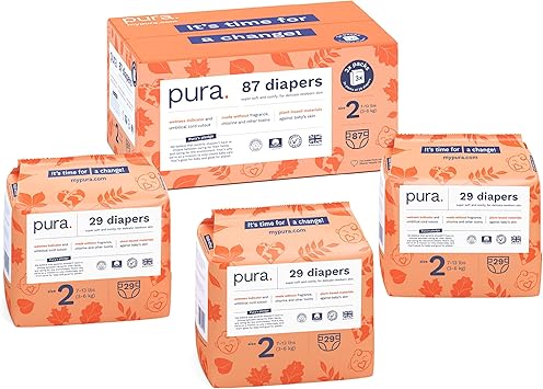 Pura Hypoallergenic Diapers, Size 2 7-13 lbs Totally Chlorine Free, Wetness Indicator, Suitable for Sensitive Skin, Soft Organic Cotton, Overnight, 3 Packs of 29 87 Baby Diapers