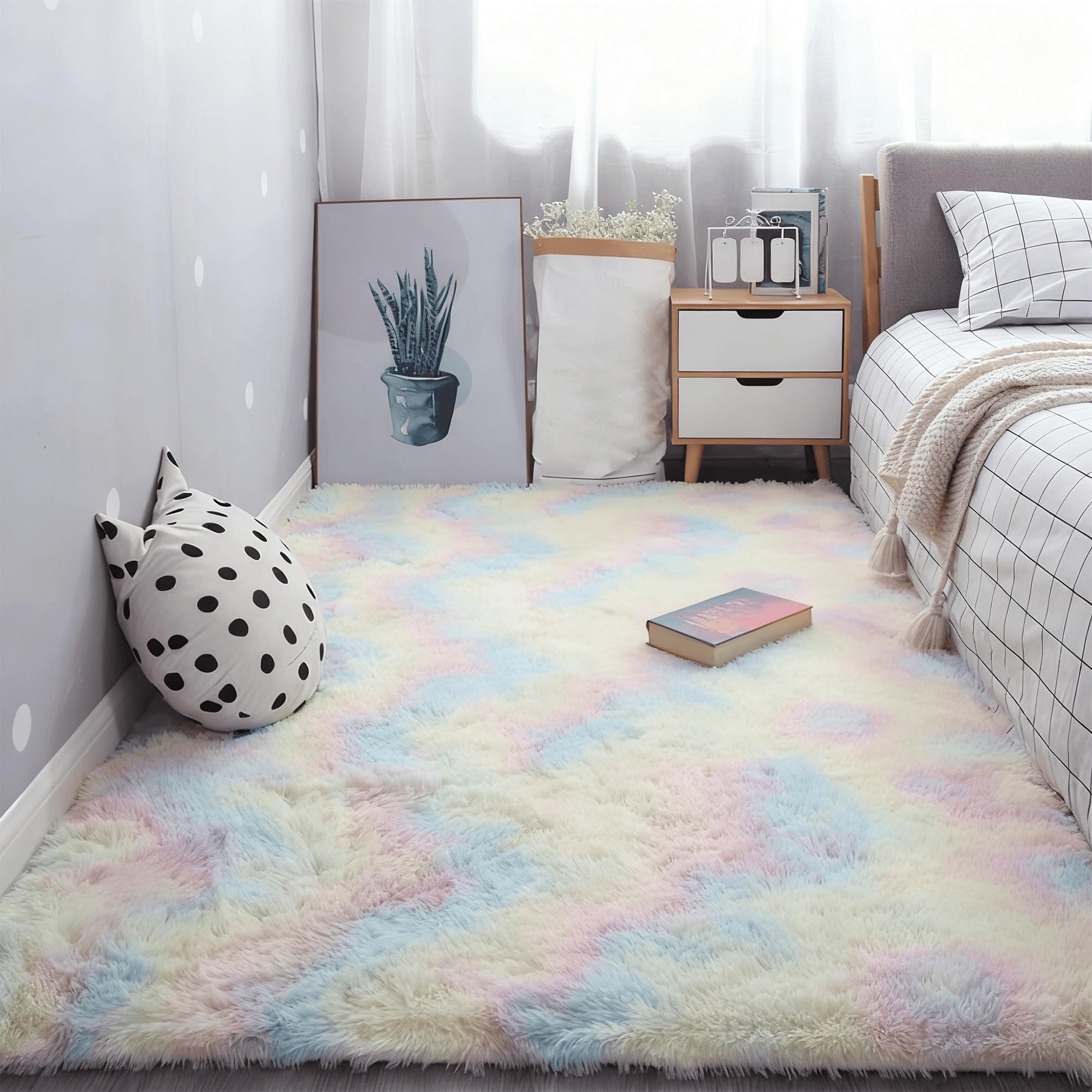 Tapis de chambre doux 110x260 cm grand tapis salon poil long multicolore