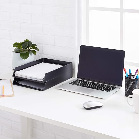 Amazon Basics Rectangular Plastic Desk Organizer, letter size Tray, 2-Pack, 24.6 x 5.6 x 33 cm, Black