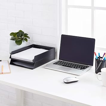 Amazon Basics Rectangular Plastic Desk Organizer, letter size Tray, 2-Pack, 24.6 x 5.6 x 33 cm, Black