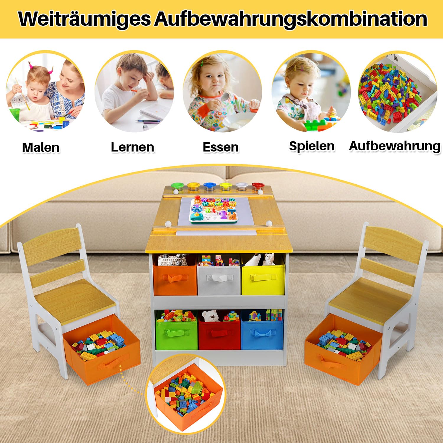 ROCSUMOO Kinder-Kunsttisch-Set mit 2 Stühlen - Holzerner Aktivitätstisch für Kleinkinder mit Verstellbarer Tischplatte, Farbpigment-Eimer und 8 Stoff-Aufbewahrungsboxen (Natürlich)