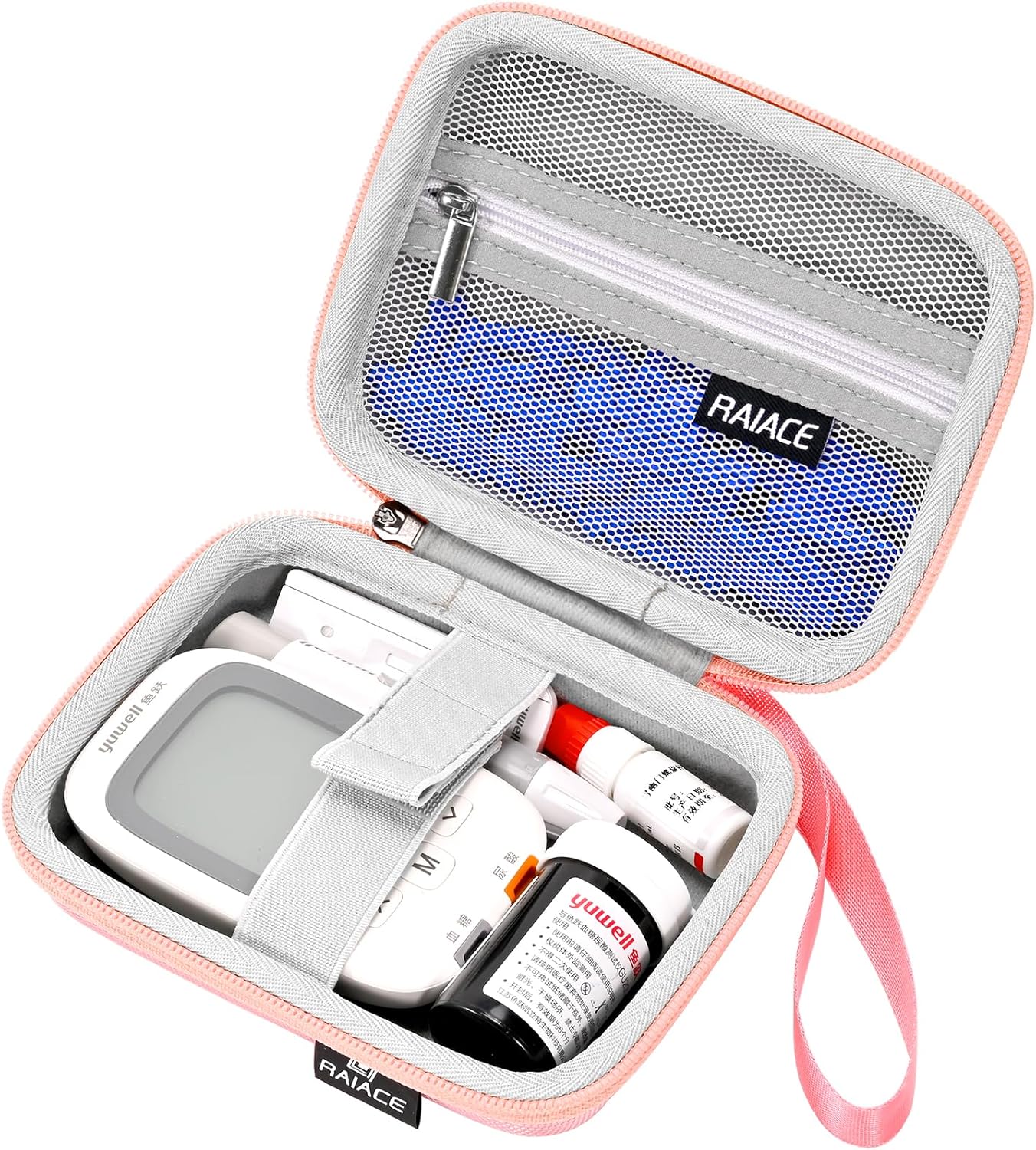 RAIACE Hard Storage Case for Diabetes Testing Kit, Blood Glucose Monitor Kit, mesh pocket for Blood Sugar Test Strips, Lancets, Lancing Device, Alcohol Wipe. (Case Only)- Pink