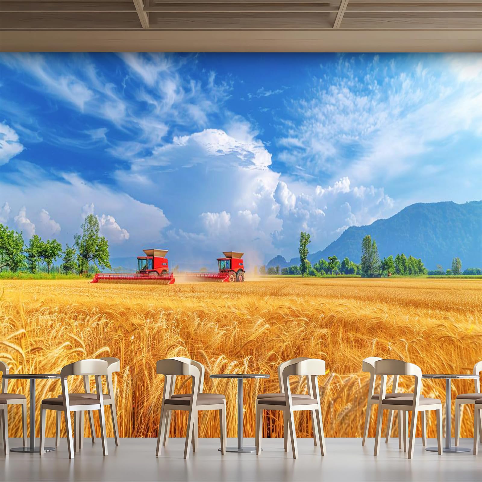 Générique Papier Peint Panoramique 3D 400x280 cm Tracteur Non-tissé Murale Maison Décoration Intérieure Champs De Blé Paysage pour Chambre Salon Mur TV Artistique Poster Décoration Murale 1M725