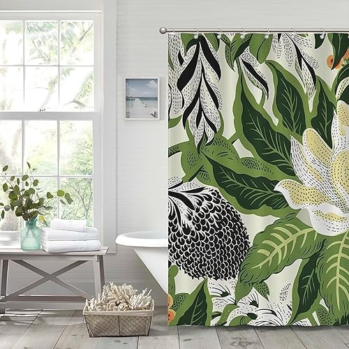 Miniatura 453 de Cortinas de ducha de baño con ganchos, 72 x 92 pulgadas, cortina de ducha de tela impermeable con diseño de flores y pájaros, cortina de ducha