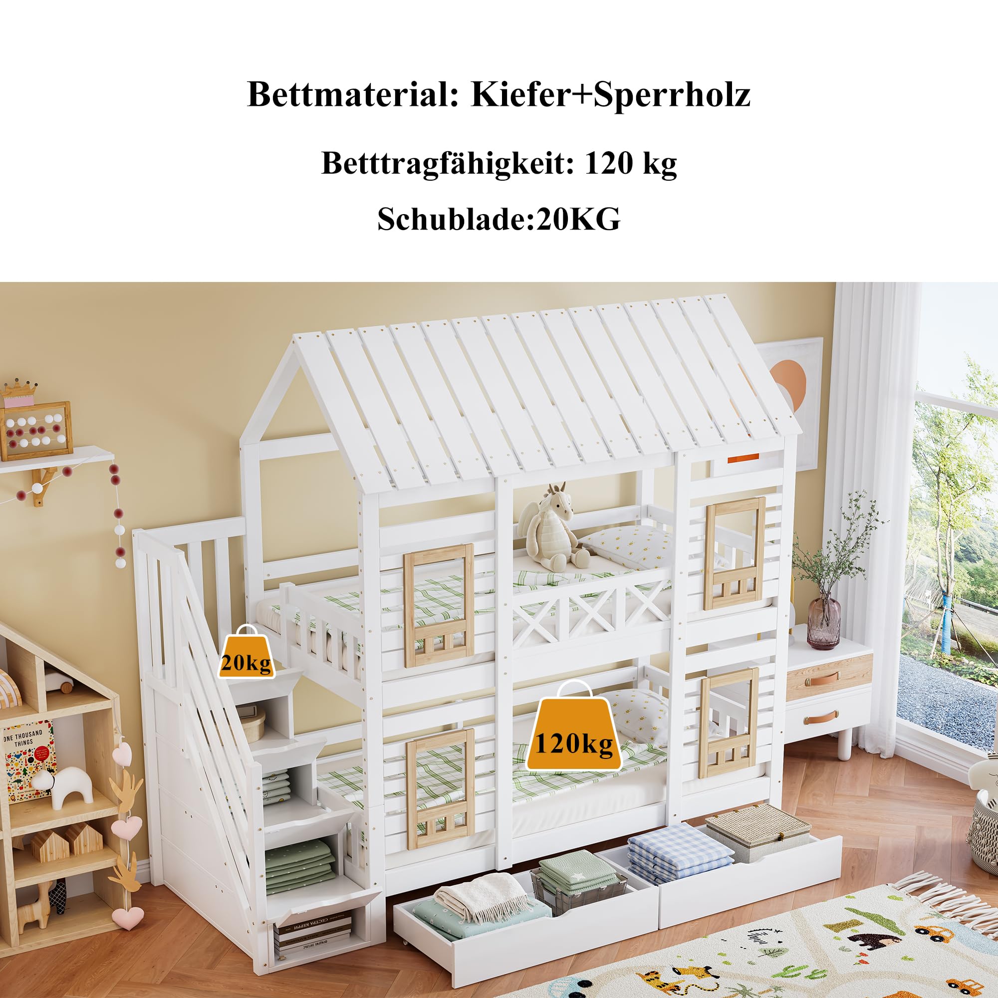Wiuzo Lettino a castello, letto per bambini, con griglia di protezione anticaduta, due cassetti con ruote, scale con 4 ripiani, con finestra, pino+MDF, bianco e naturale, 90 x 200 cm
