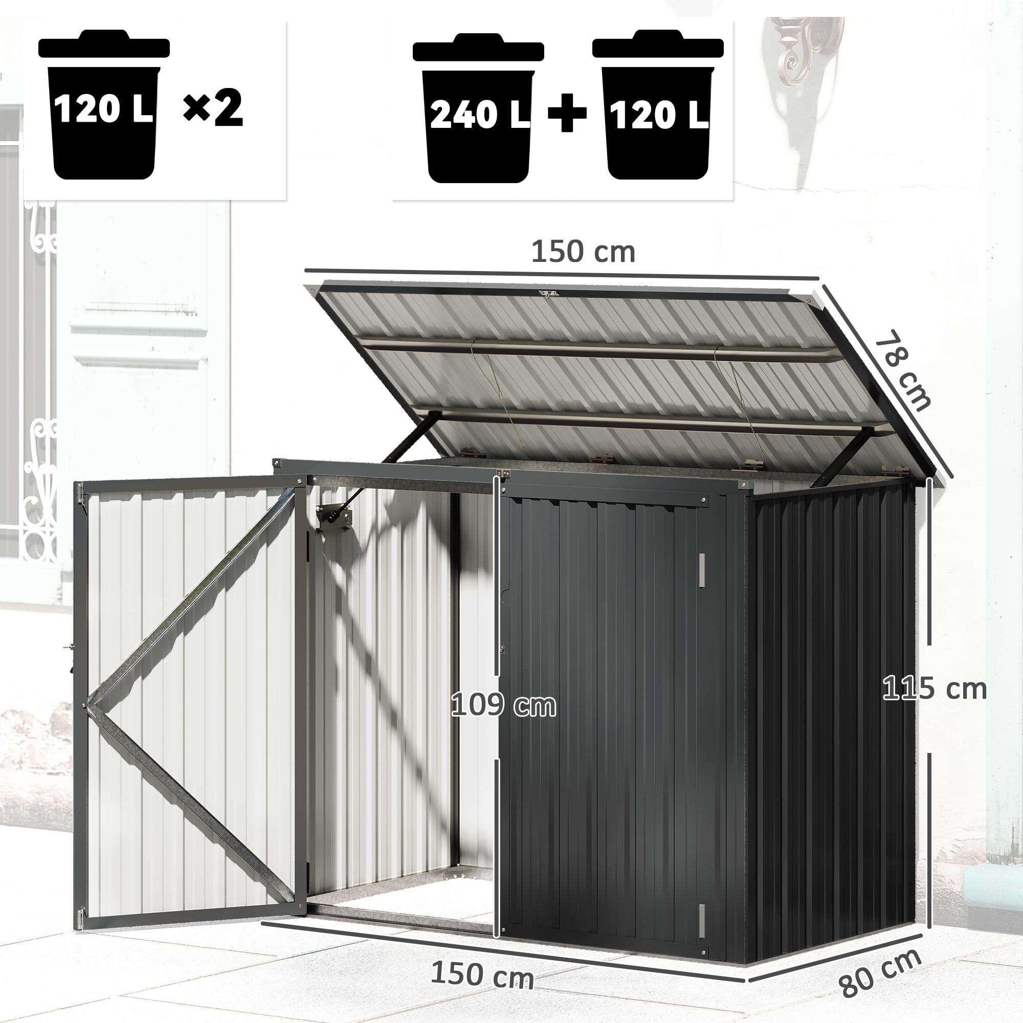 Outsunny Mülltonnenbox Abschließbar für 2 Tonnen mit aufklappbar Deckel