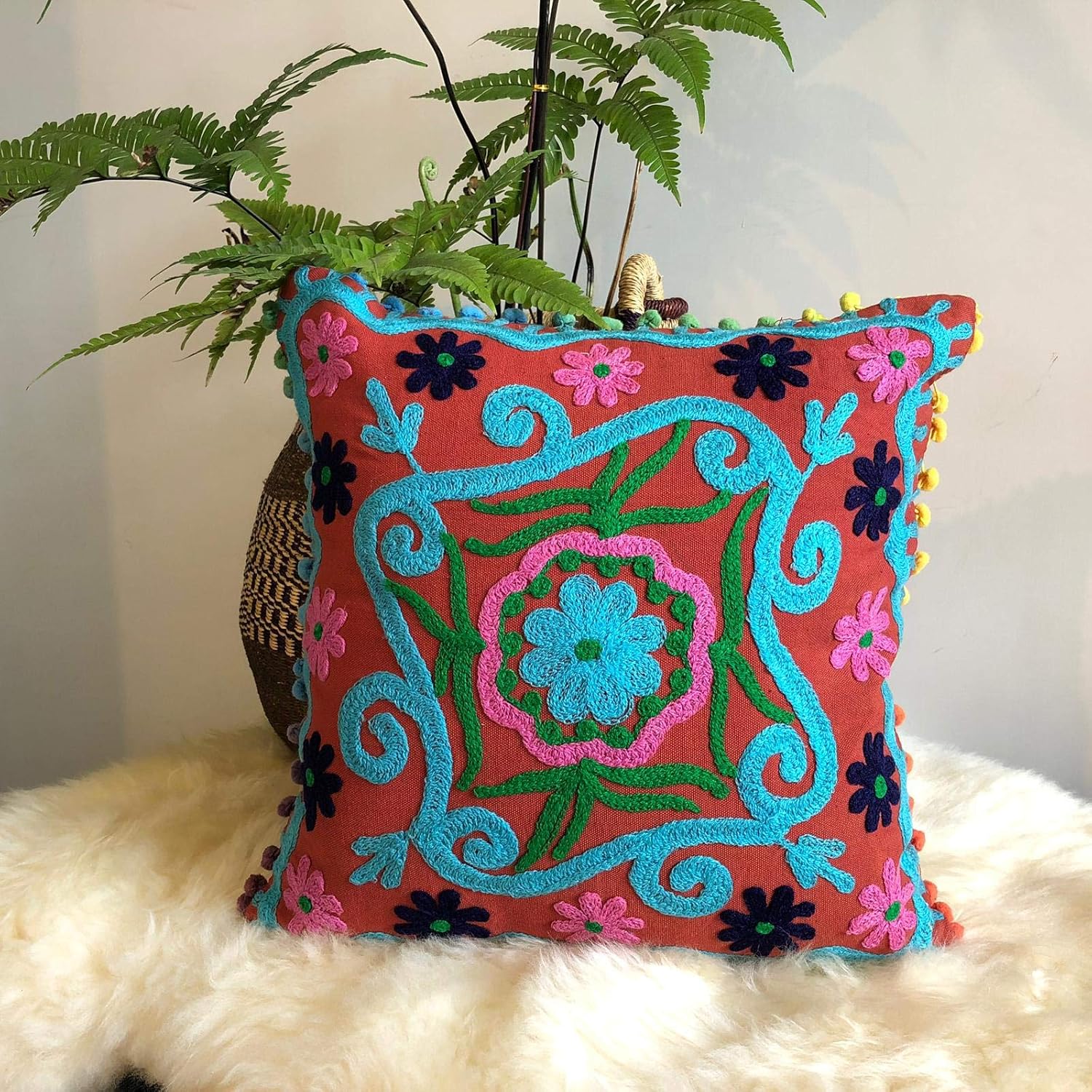 Traditional Jaipur Boho Throw Suzani Pillows, Embroidered Pillow Covers 16 "x 16", Decorative Throw Pillow Covers, Indian (2)
