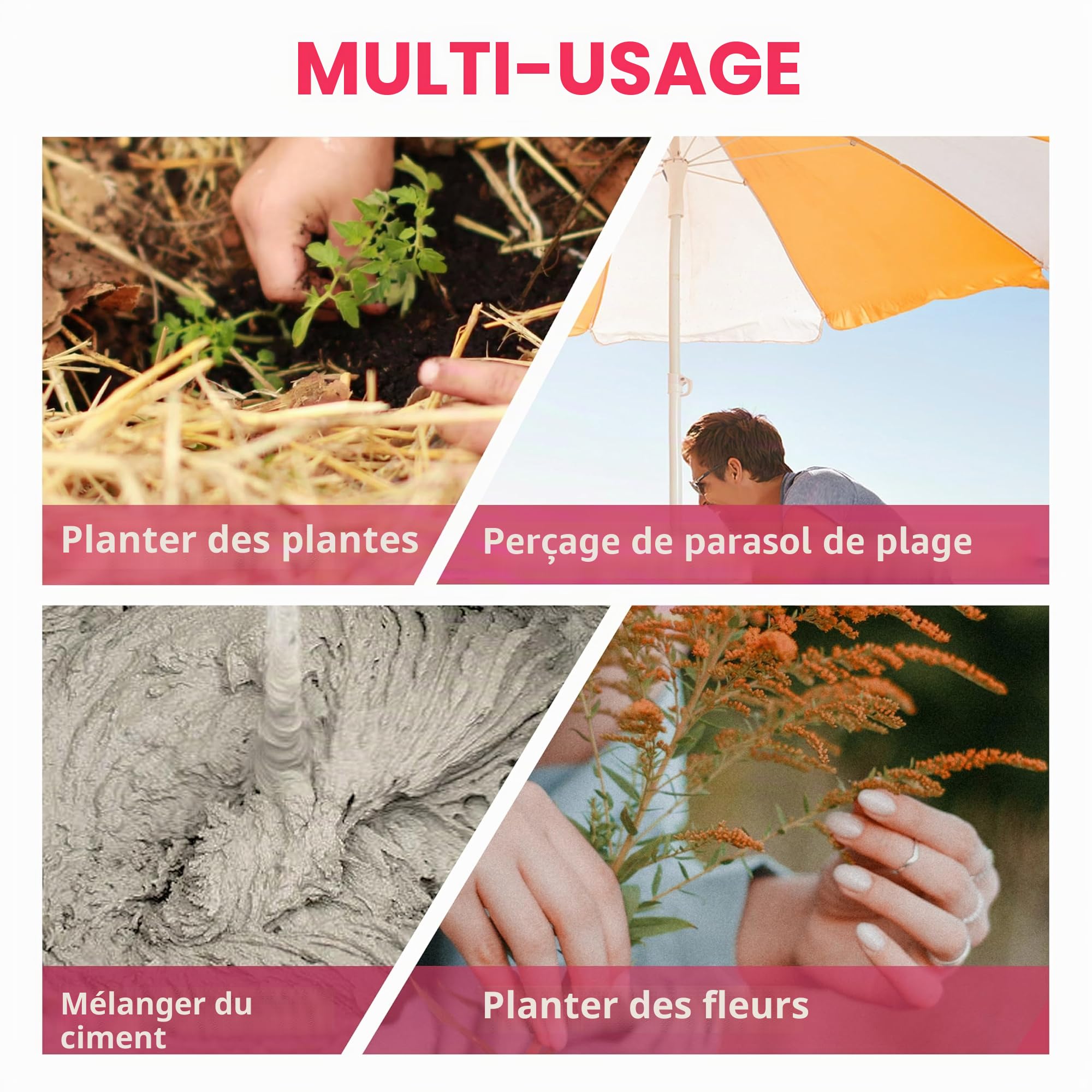 Perceuse de jardin, 4 x 42 cm, pour perceuse, rose, pour visseuse à batterie, outil de forage pour planter