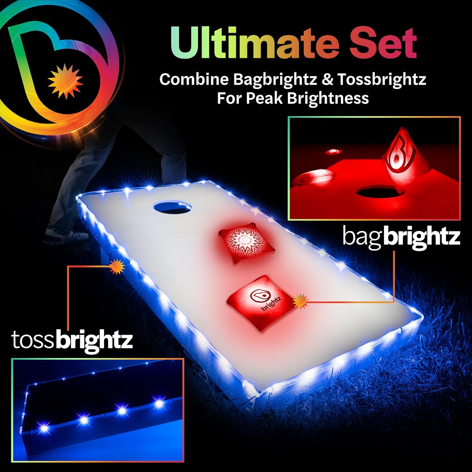 Brightz Cornhole Board Edge Lights with LED Bags - Includes 4-Pack of LED Cornhole Bags + TossBrightz Cornhole Board Edge Lights - The Ultimate Night Time Cornhole Master Set